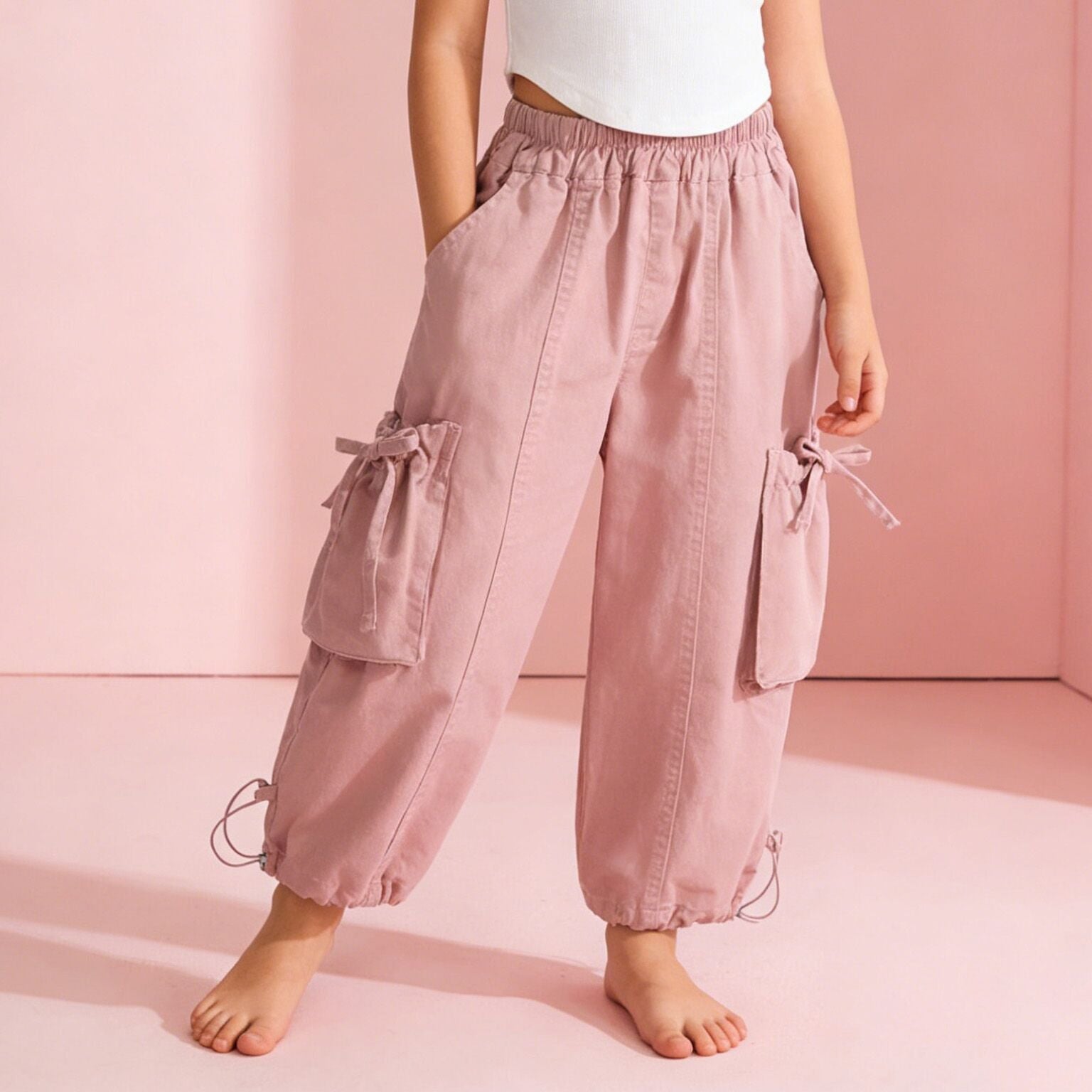 (In Production)Girls Spring Pink Multi-pocket Cargo Pants