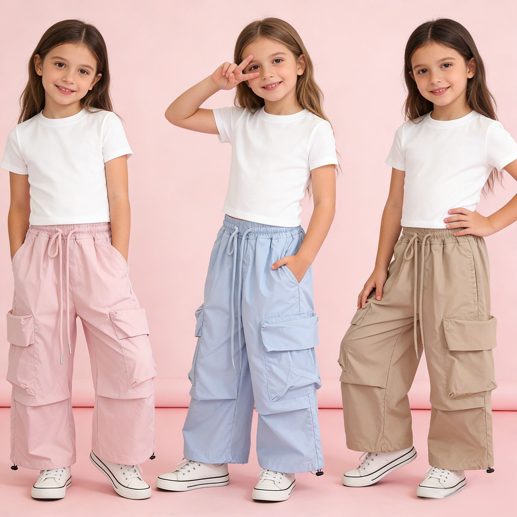 (In Production)Girls Spring Multicolored Pocket Cargo Pants