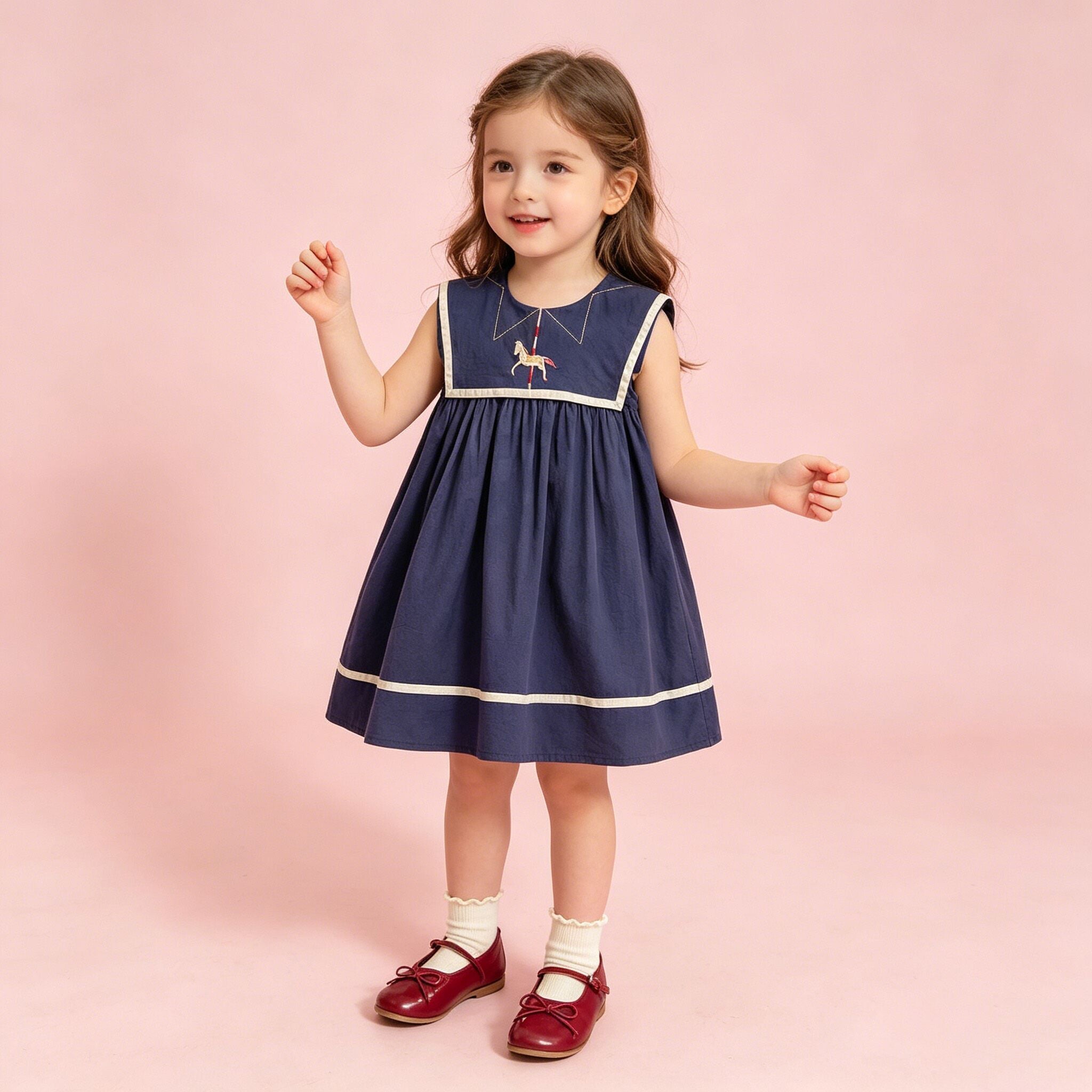 (In Production)Girls Spring&Summer Carousal Embroidery Cotton Dress