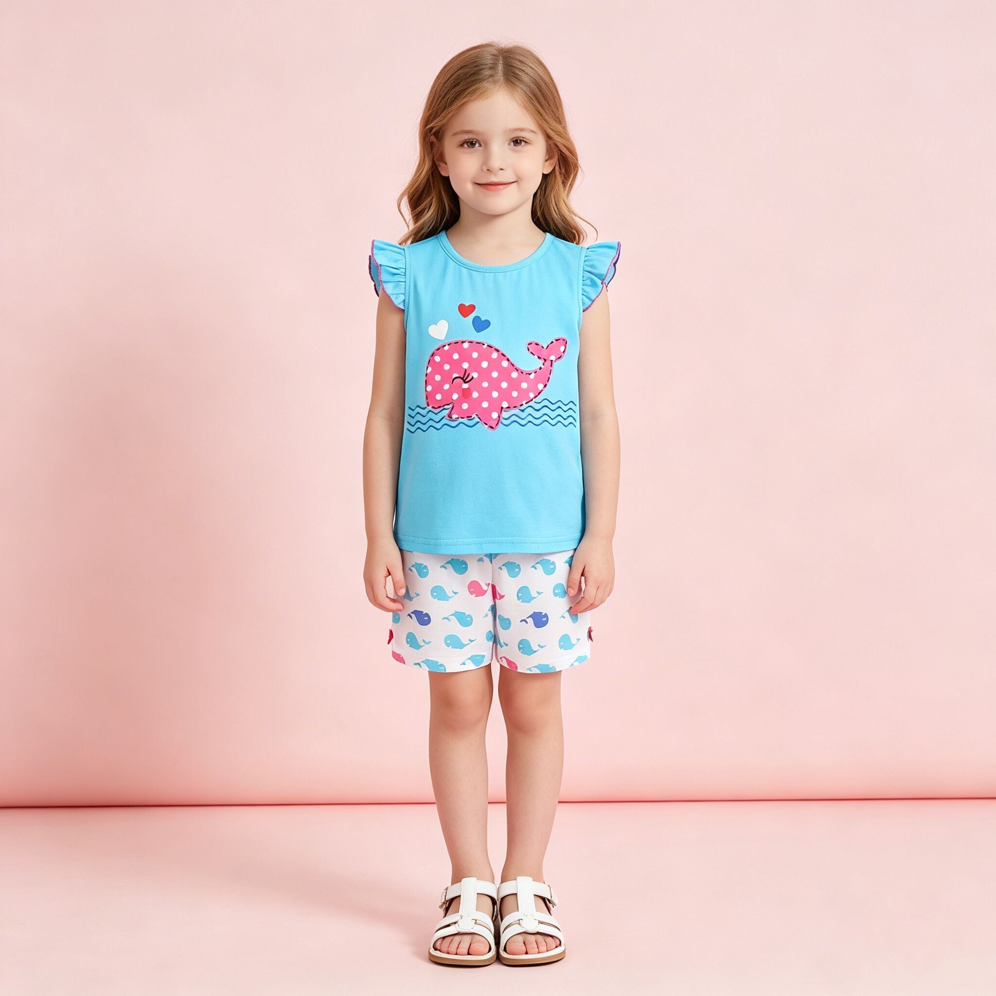 (In Production)Girls Spring&Summer Whale Print Cotton Shorts Set