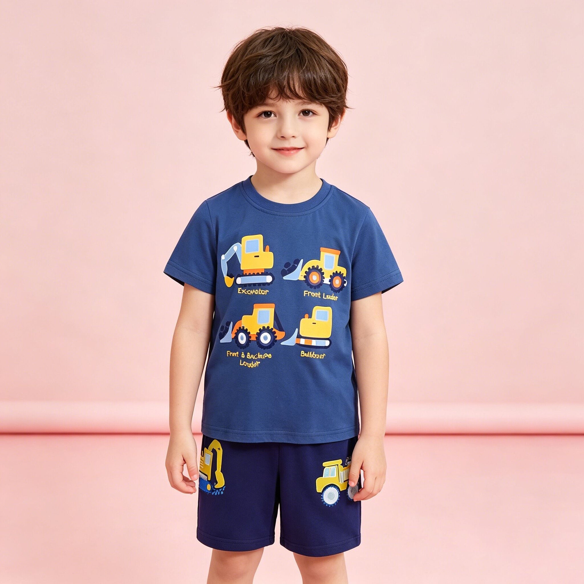(In Production)Boys Spring&Summer Truck Embroidery Cotton Shorts Set