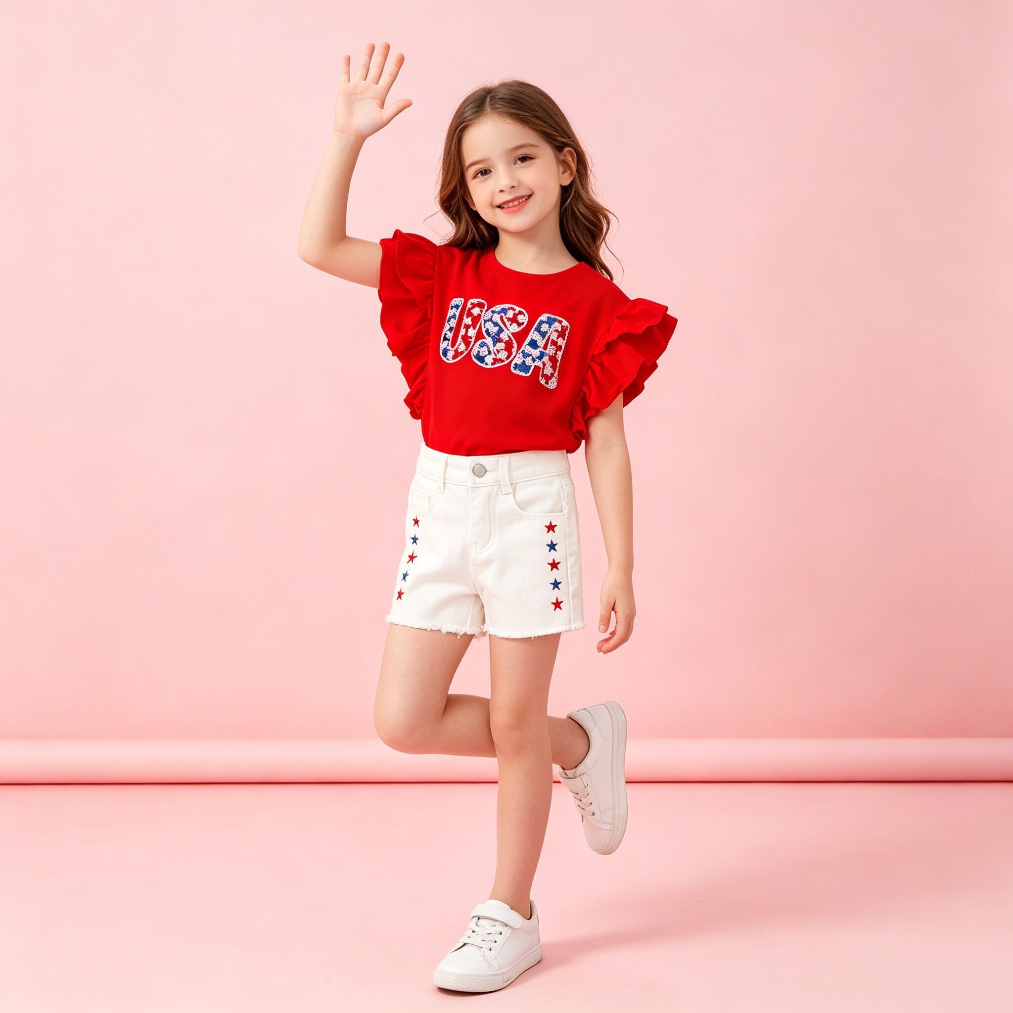 (In Stock)Girls Patriotic USA Sequin Denim Shorts Set