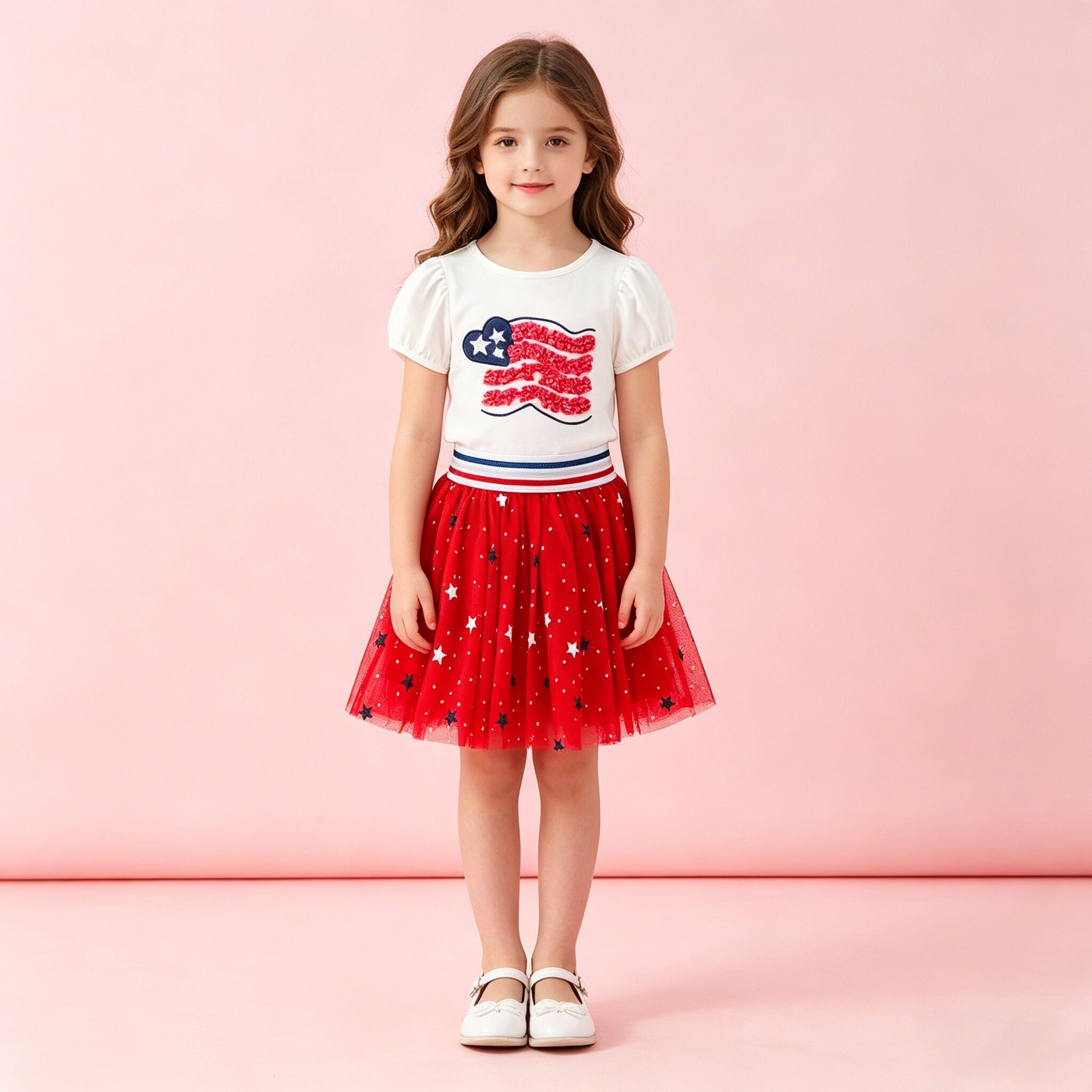(IN STOCK)Girls Summer Patriotic Applique Tulle Skirt Set