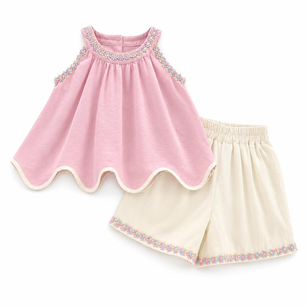 (In Production)Girls Summer Pink Scallop Top White Shorts Set