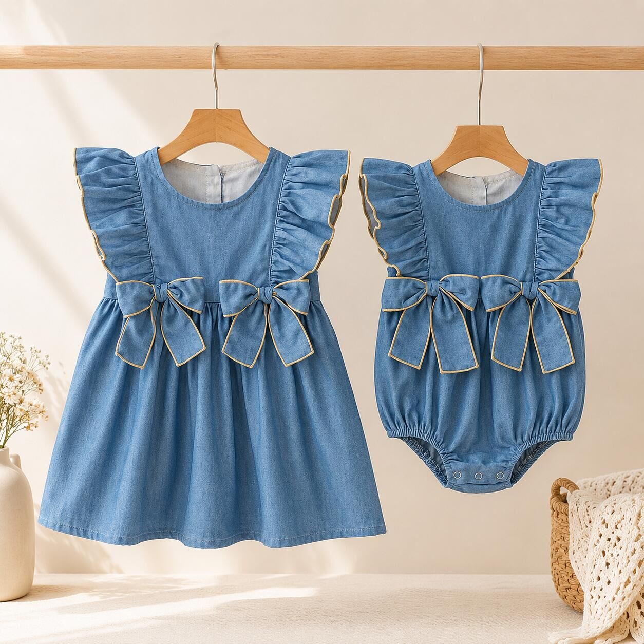 (In Production)Sisters Spring&Summer Bow Denim Ruffle Dress,Romper