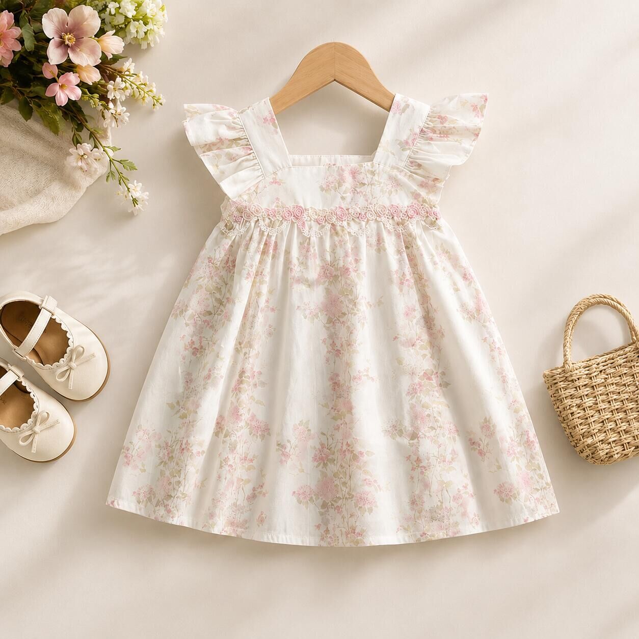 (In Production)Girls Spring&Summer Floral Embroidery Flying Sleeves Dress