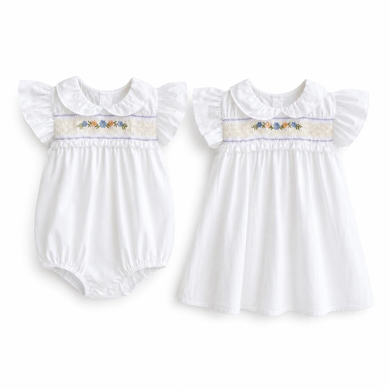 (In Production)Sisters Summer Floral Embroidery Smocked Dress&Romper