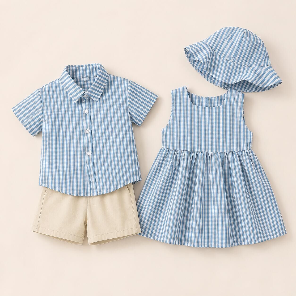 (In Production)Siblings Summer Blue Plaid Shorts Set&Dress with Hat