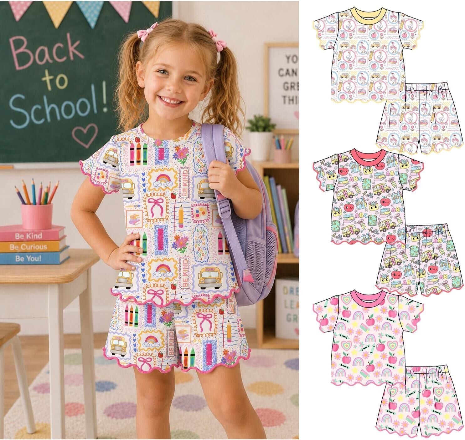 (Pre Order)Girls Summer Back To School Scallop Shorts Set