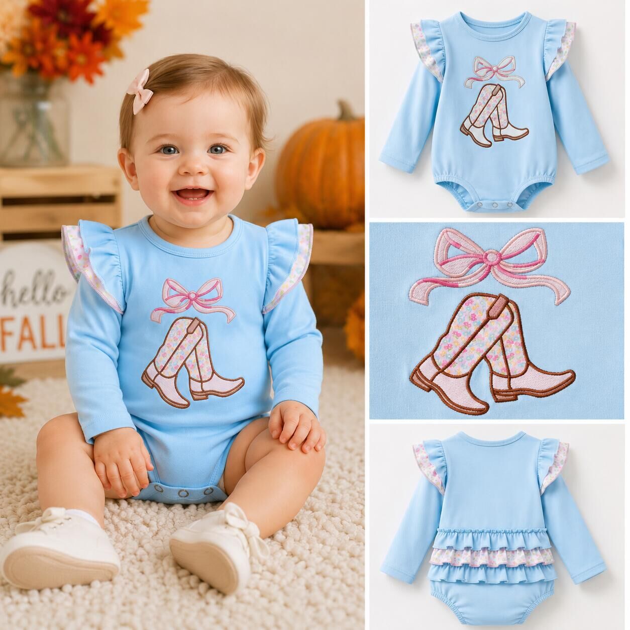 (In Stock)Sisters Fall Boots Applique Ruffle Outfit Set&Romper