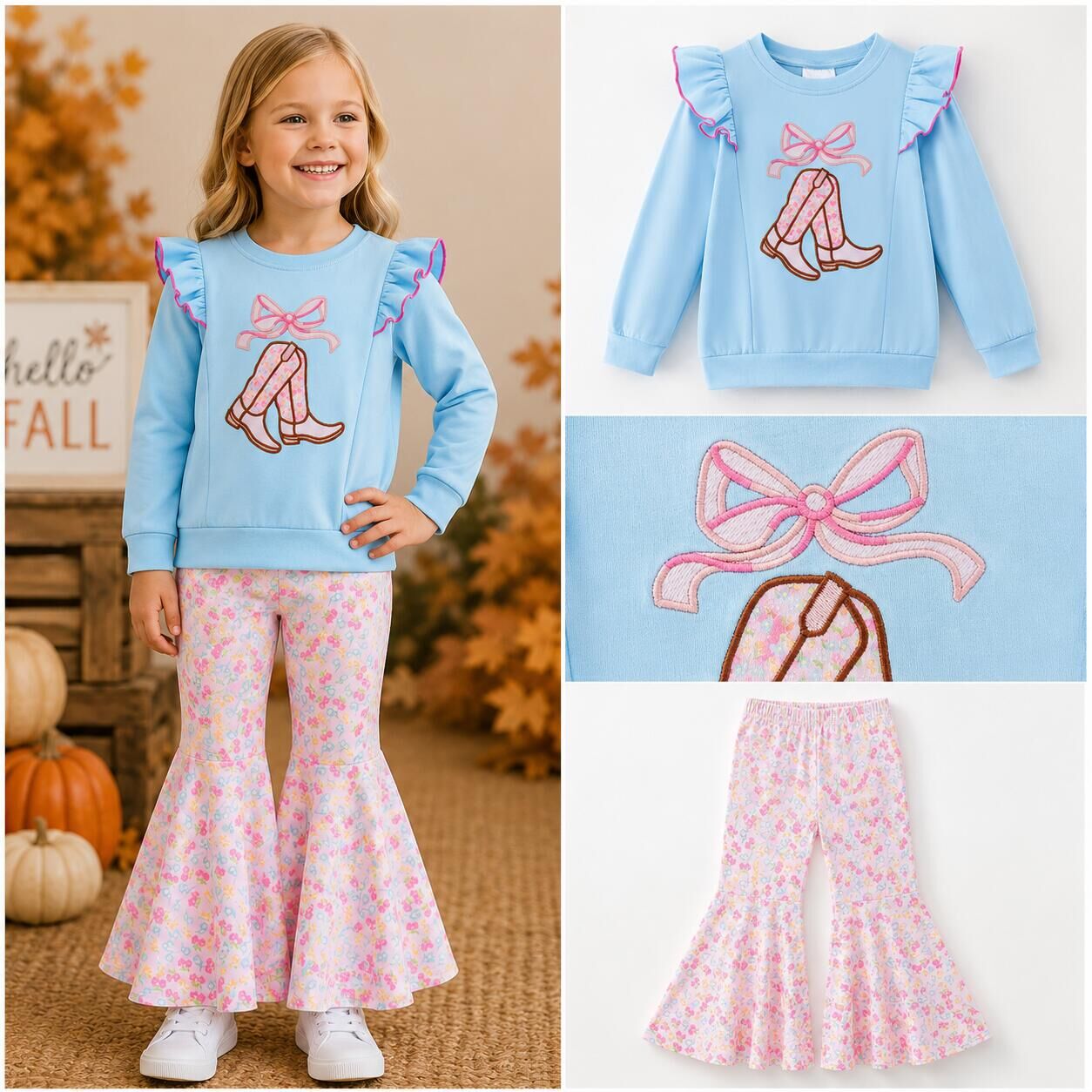 (In Stock)Sisters Fall Boots Applique Ruffle Outfit Set&Romper