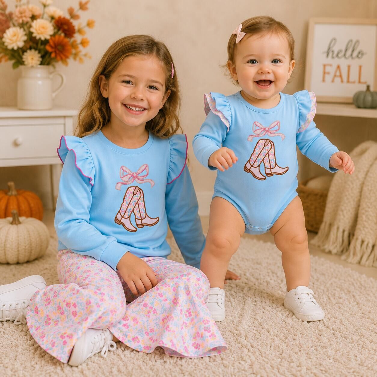 (In Stock)Sisters Fall Boots Applique Ruffle Outfit Set&Romper