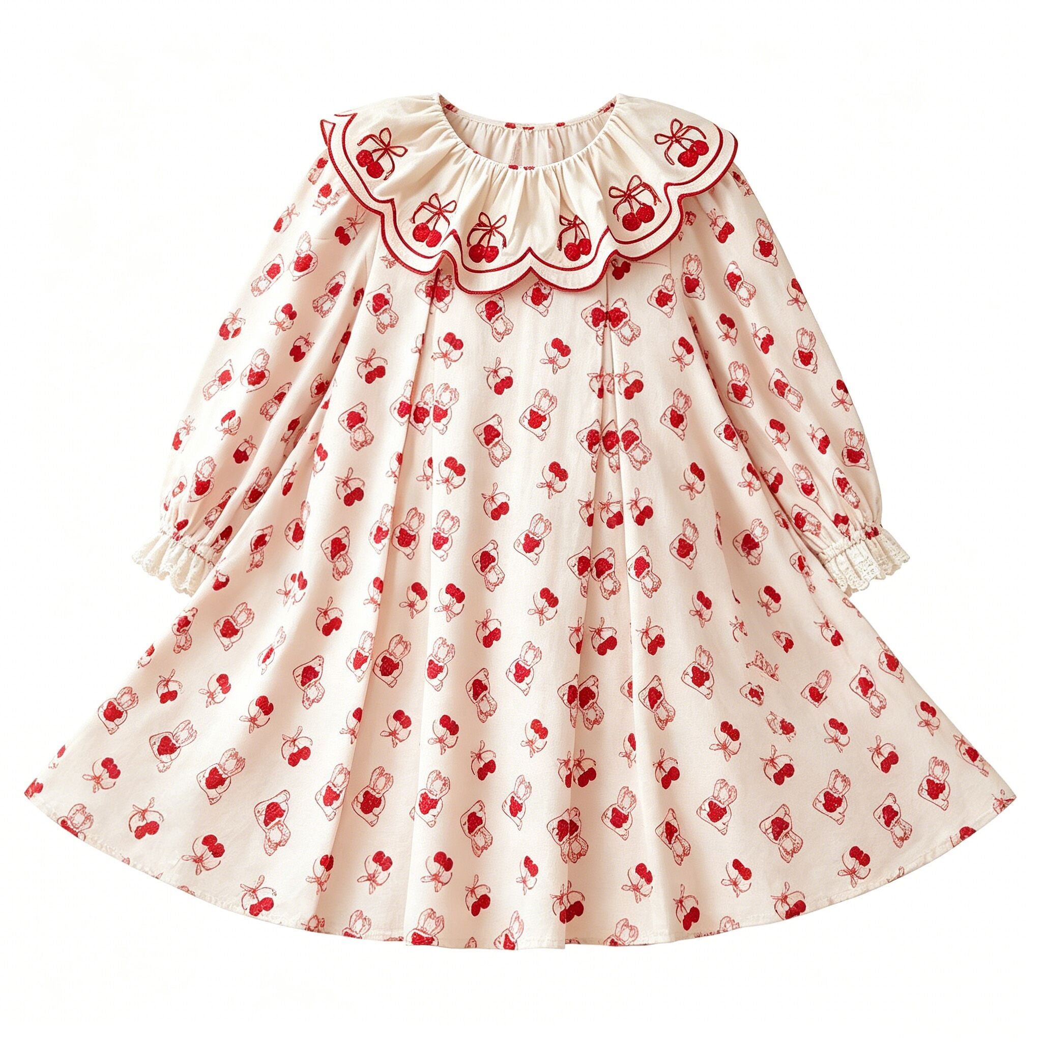 (In Production)One Pack(6 Pieces total)Sale Girls Fall Cherry Embroidery Scallop Dress