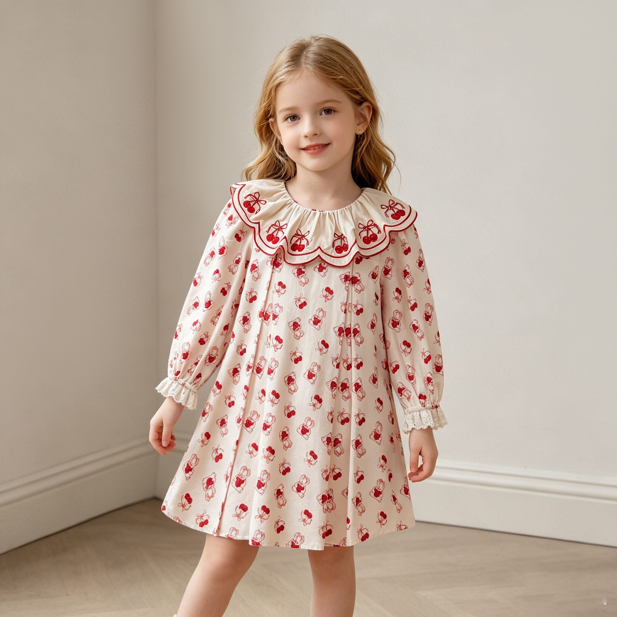 (In Production)One Pack(6 Pieces total)Sale Girls Fall Cherry Embroidery Scallop Dress