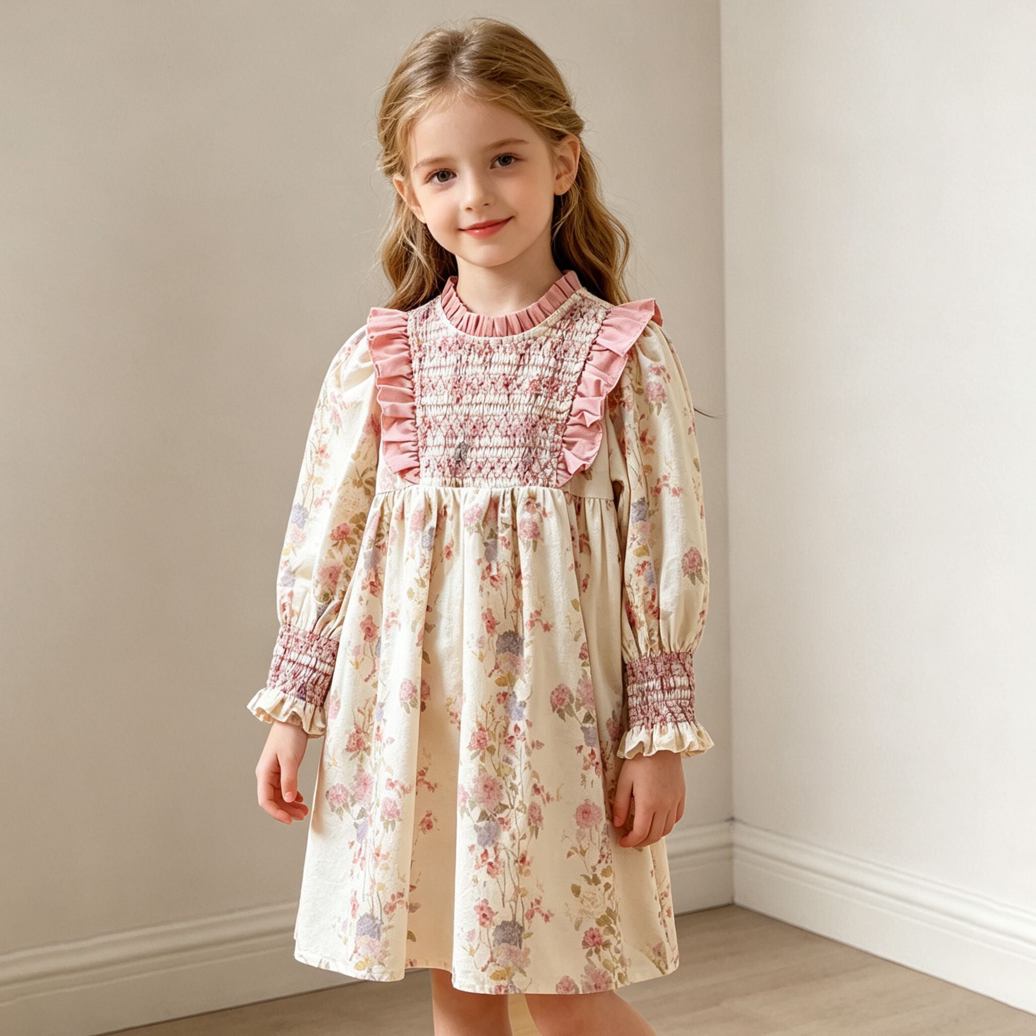 (In Production)One Pack(6 Pieces total)Sale Girls Fall Ruffle Smocked Dress