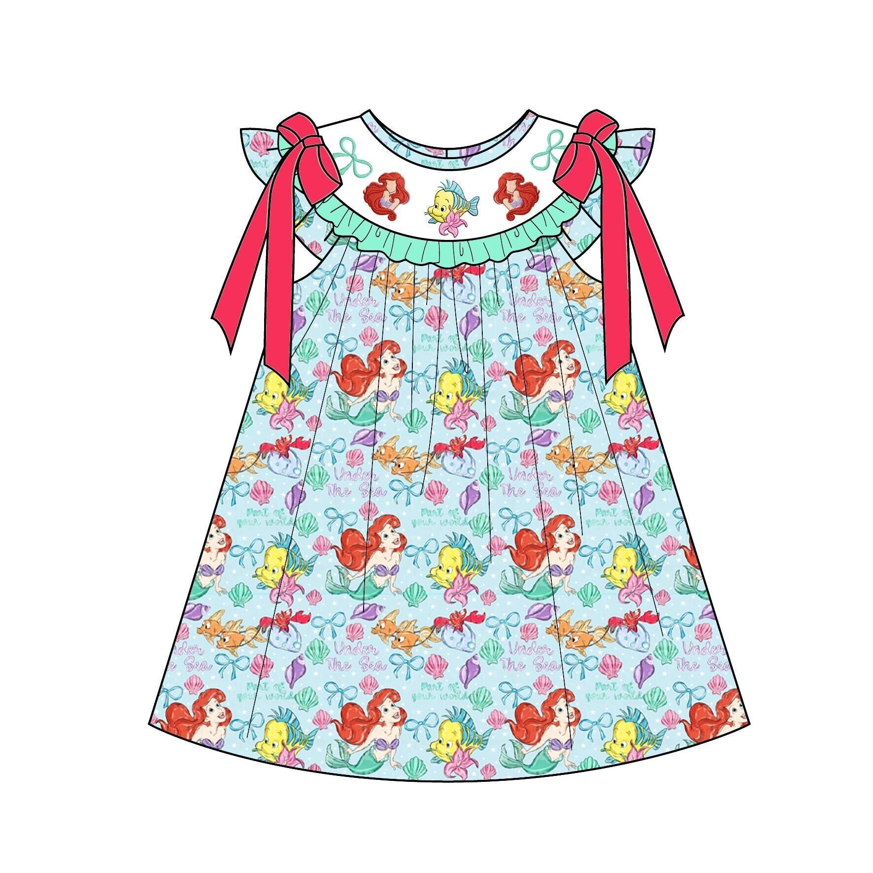 (Pre Order)Sisters Spring&Summer Mermaid Embroidery Smocked Dress,Set&Romper