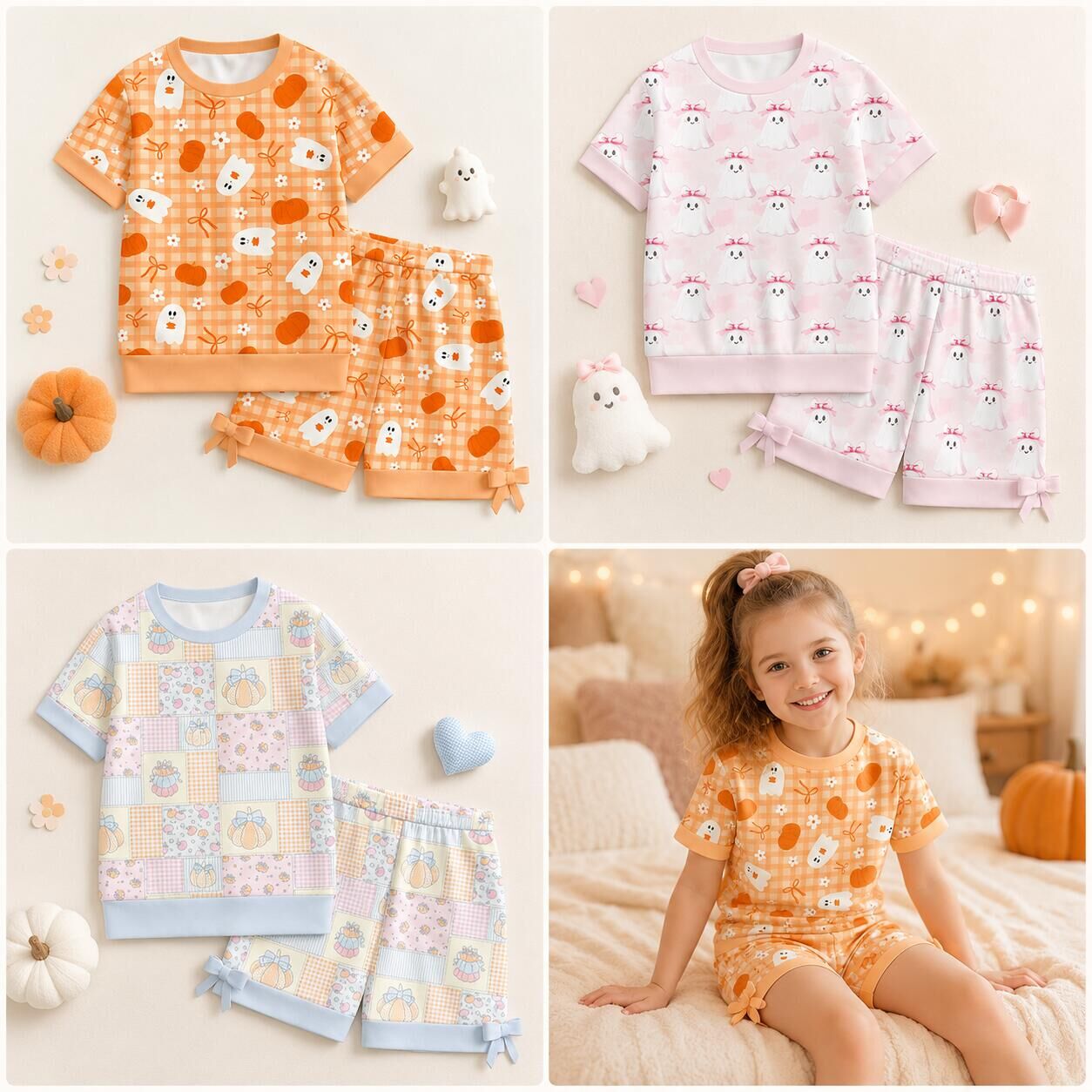 (Pre Order+Prepack Zone)Girls Halloween Pumpkin Print Shorts Set(Mix Size)
