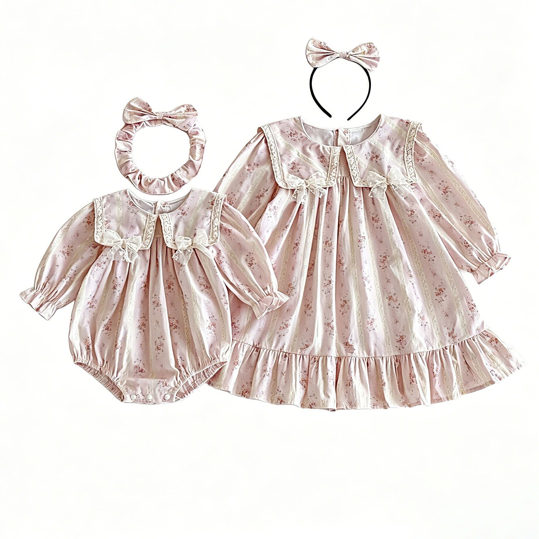 (In Production)Sisters Fall Floral Print Lace Bow Ruffle Dress&Romper