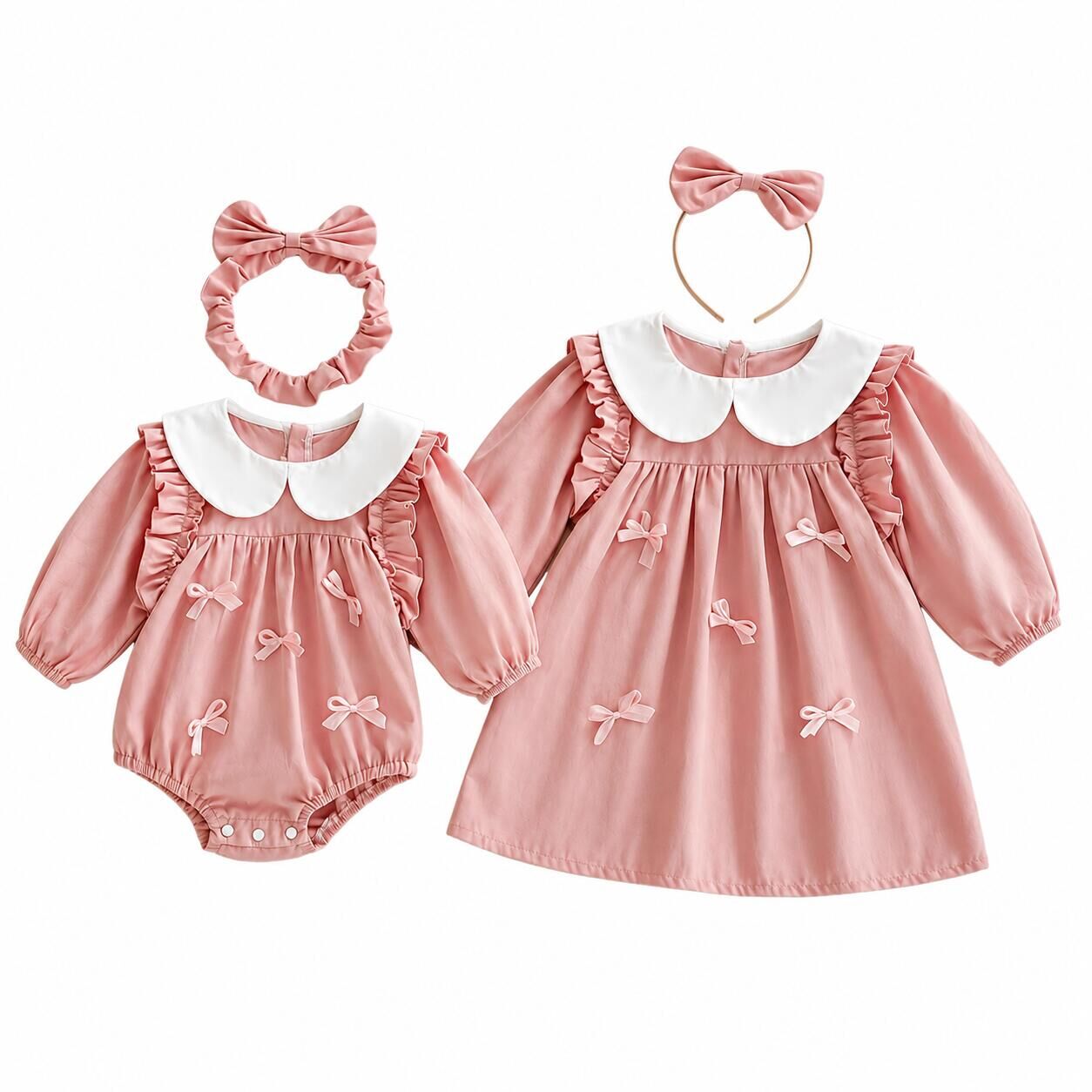 (In Production)Sisters Baby Collar Bow Dress&Romper