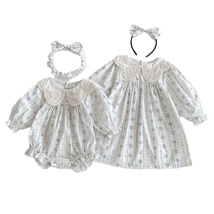 (In Production)Sisters Baby Lace Collar Lavender Dress&Romper