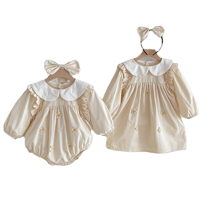 (In Production)Sisters Baby Collar Floral Ruffle Dress&Romper