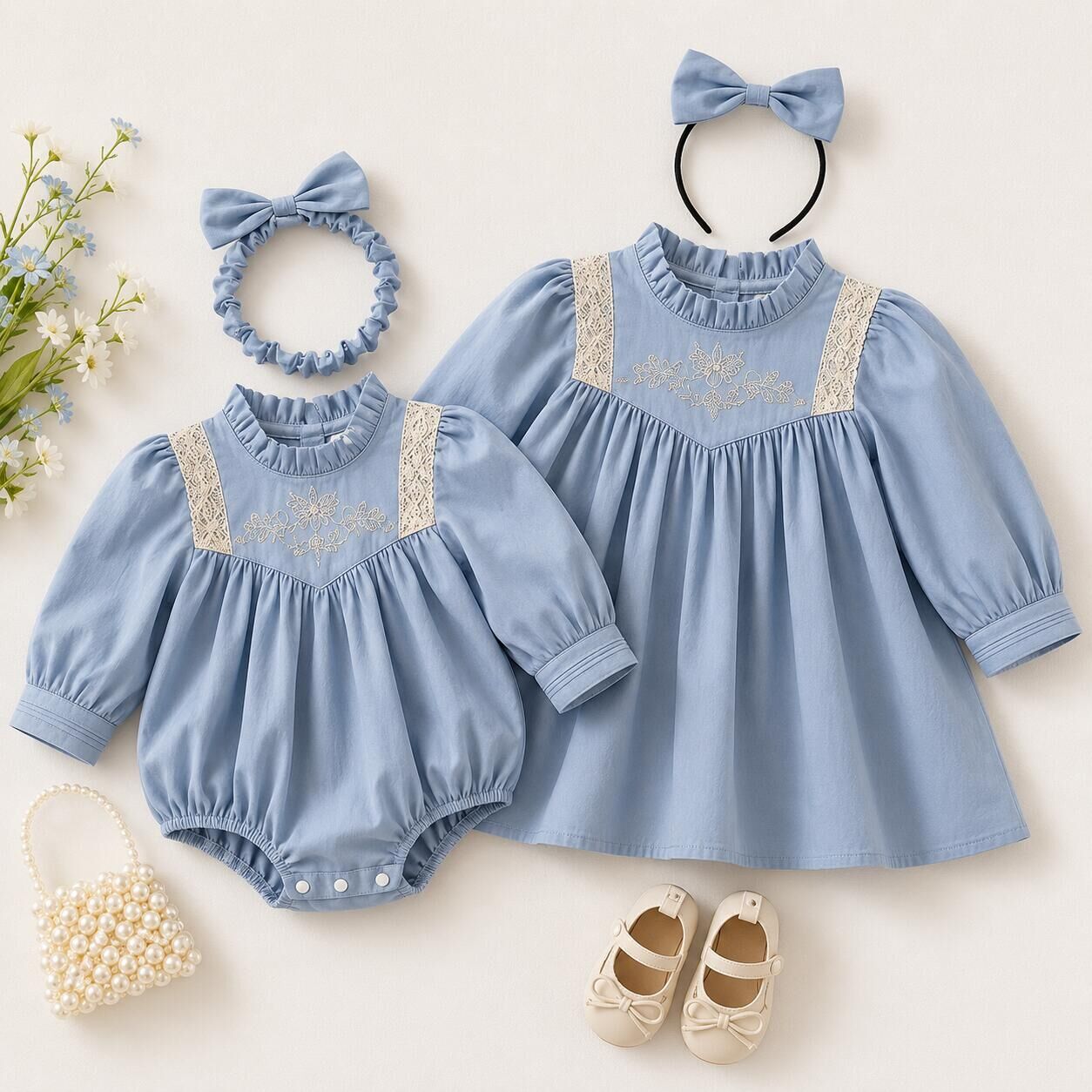 (In Production)Sisters Fall Embroidery Lace Dress&Romper