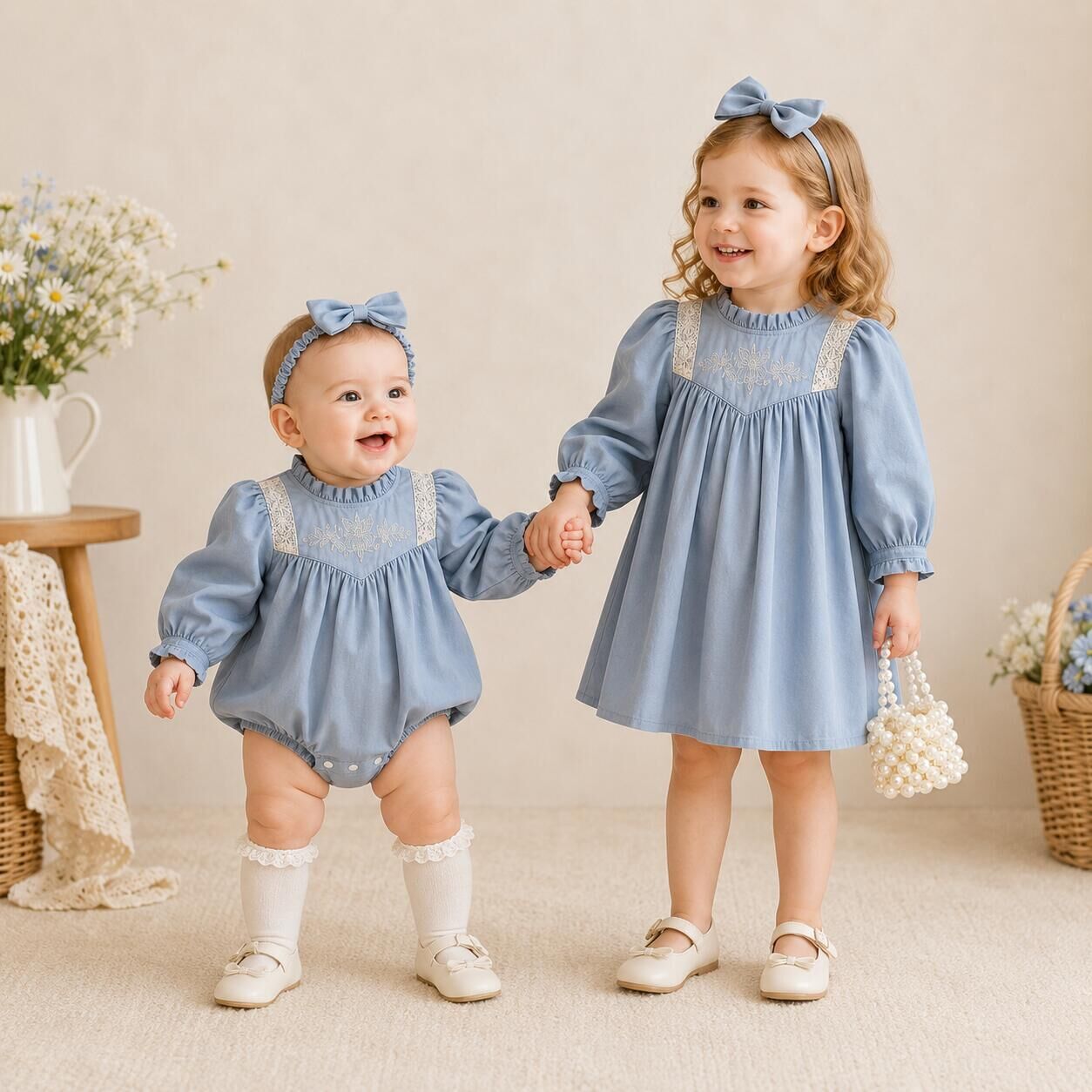 (In Production)Sisters Fall Embroidery Lace Dress&Romper
