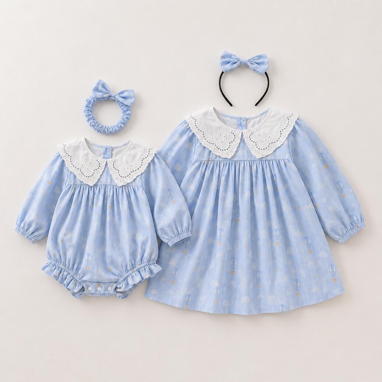 (In Production)Sisters Fall Print Lace Baby Collar Dress&Romper