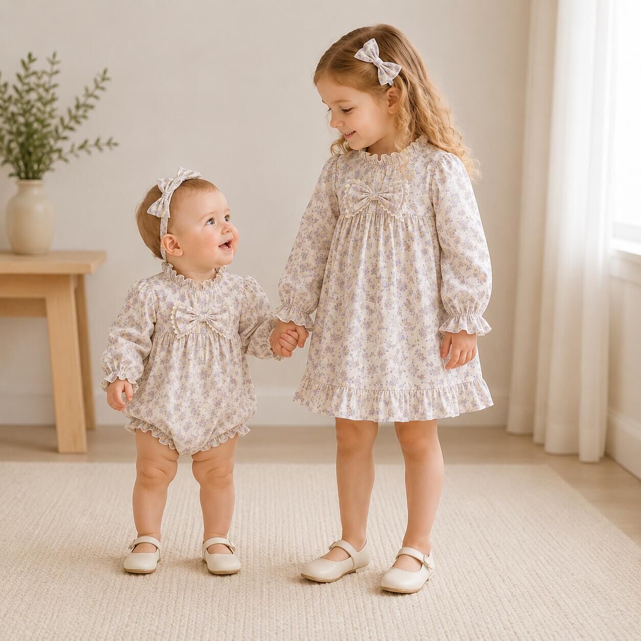 (In Production)Sisters Fall Floral Print Ruffle Dress&Romper