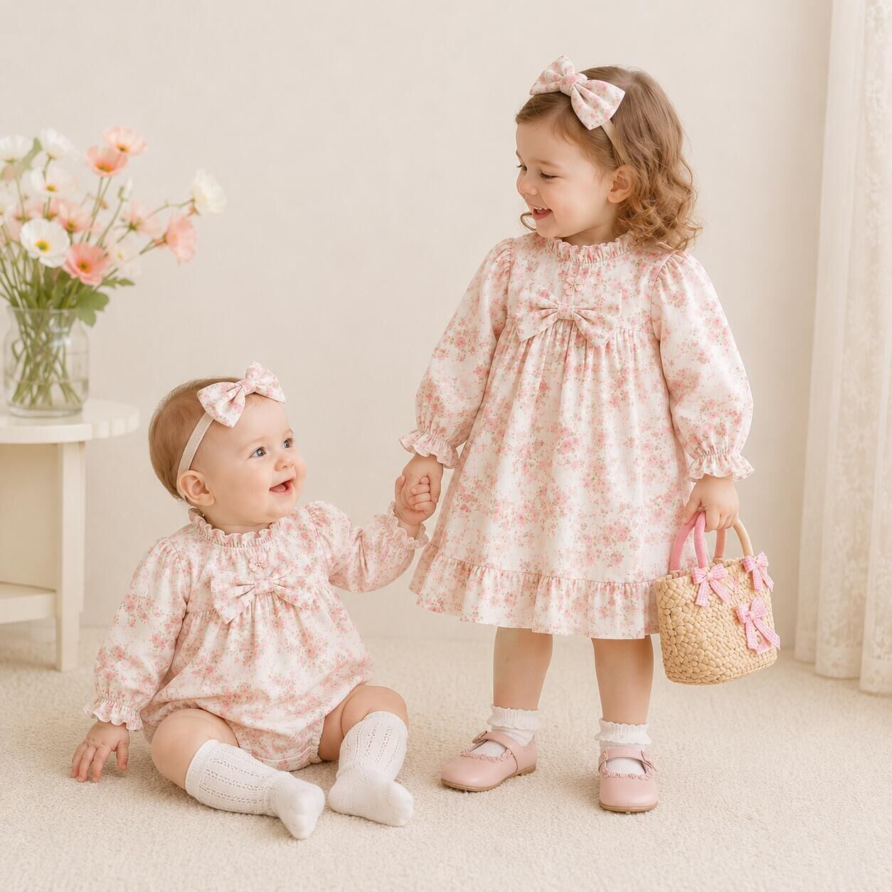(In Production)Sisters Fall Floral Print Ruffle Dress&Romper