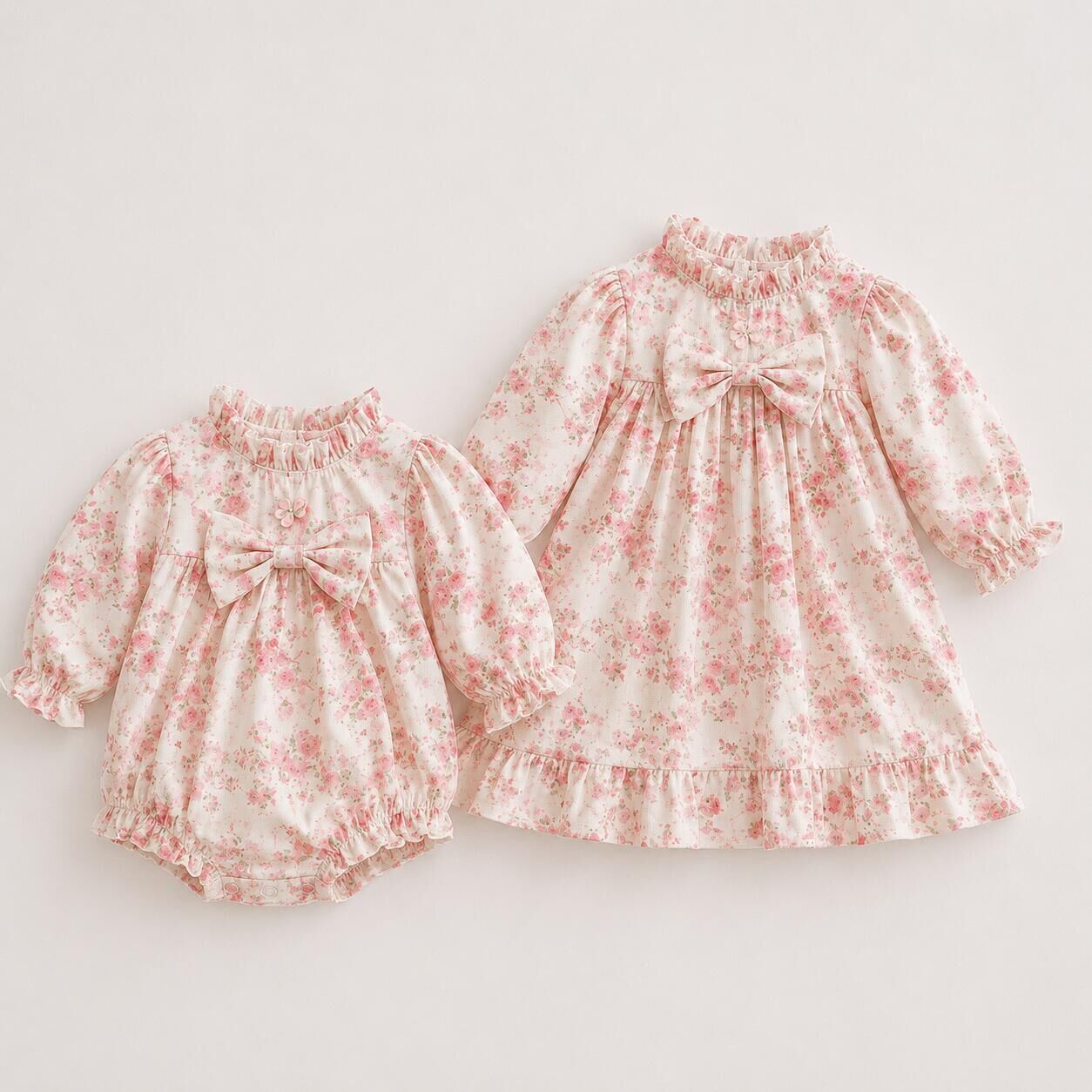 (In Production)Sisters Fall Floral Print Ruffle Dress&Romper