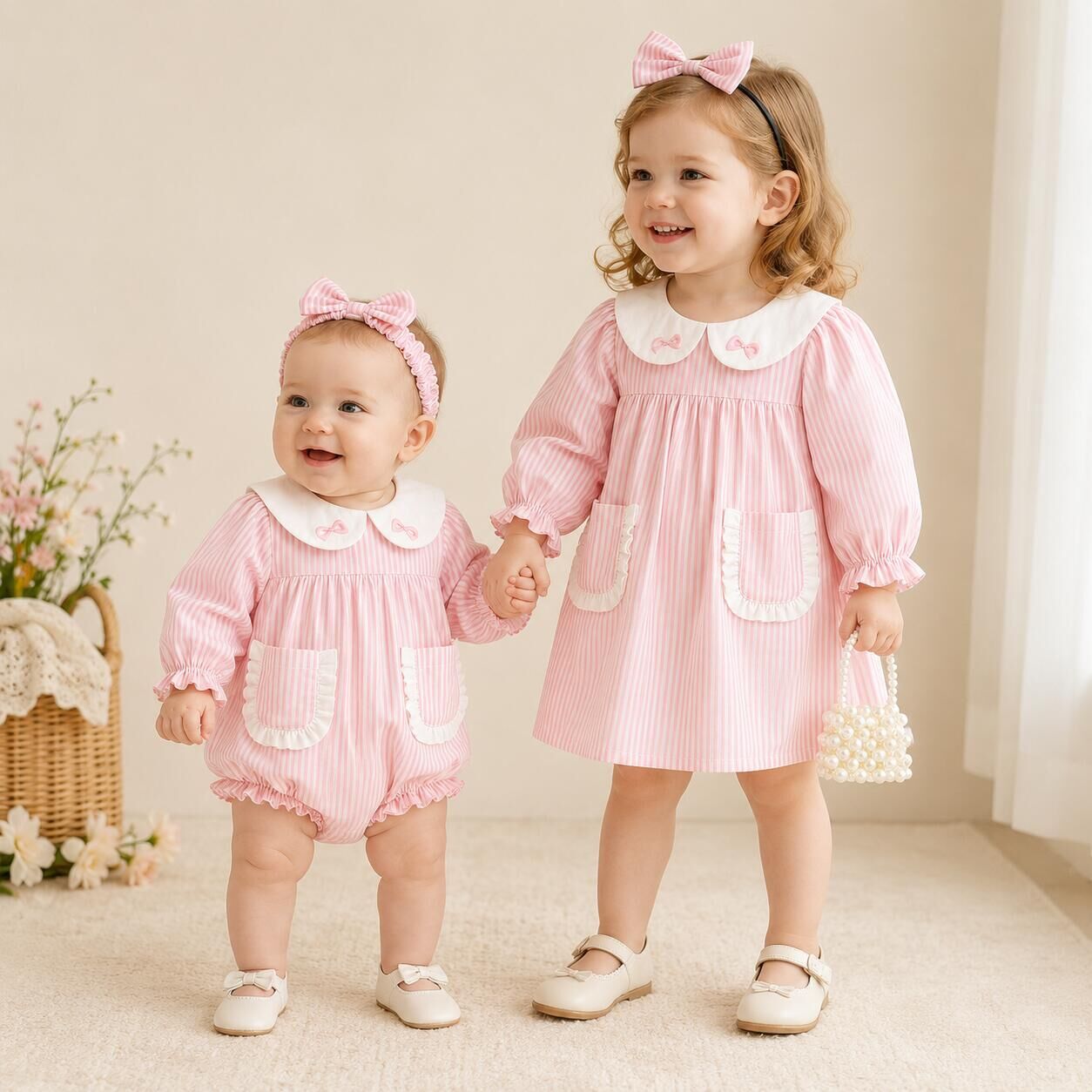 (In Production)Sisters Fall Pink Stripe Dress&Romper with Pockets