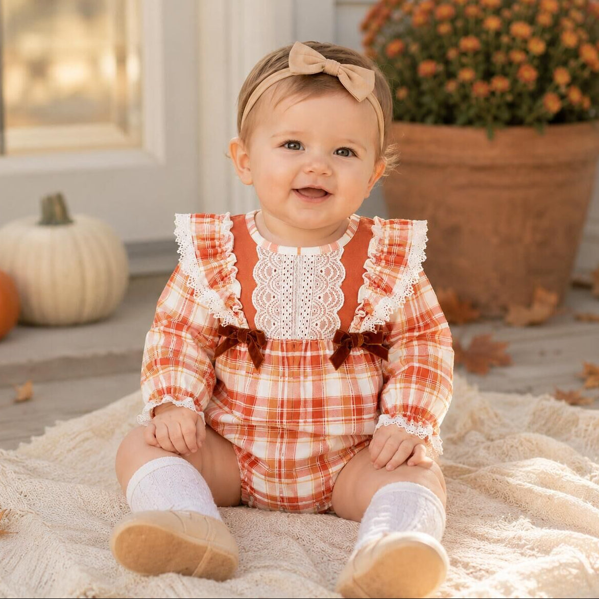 (In Stock)Toddler Girls Fall Plaid Lace Ruffle Romper