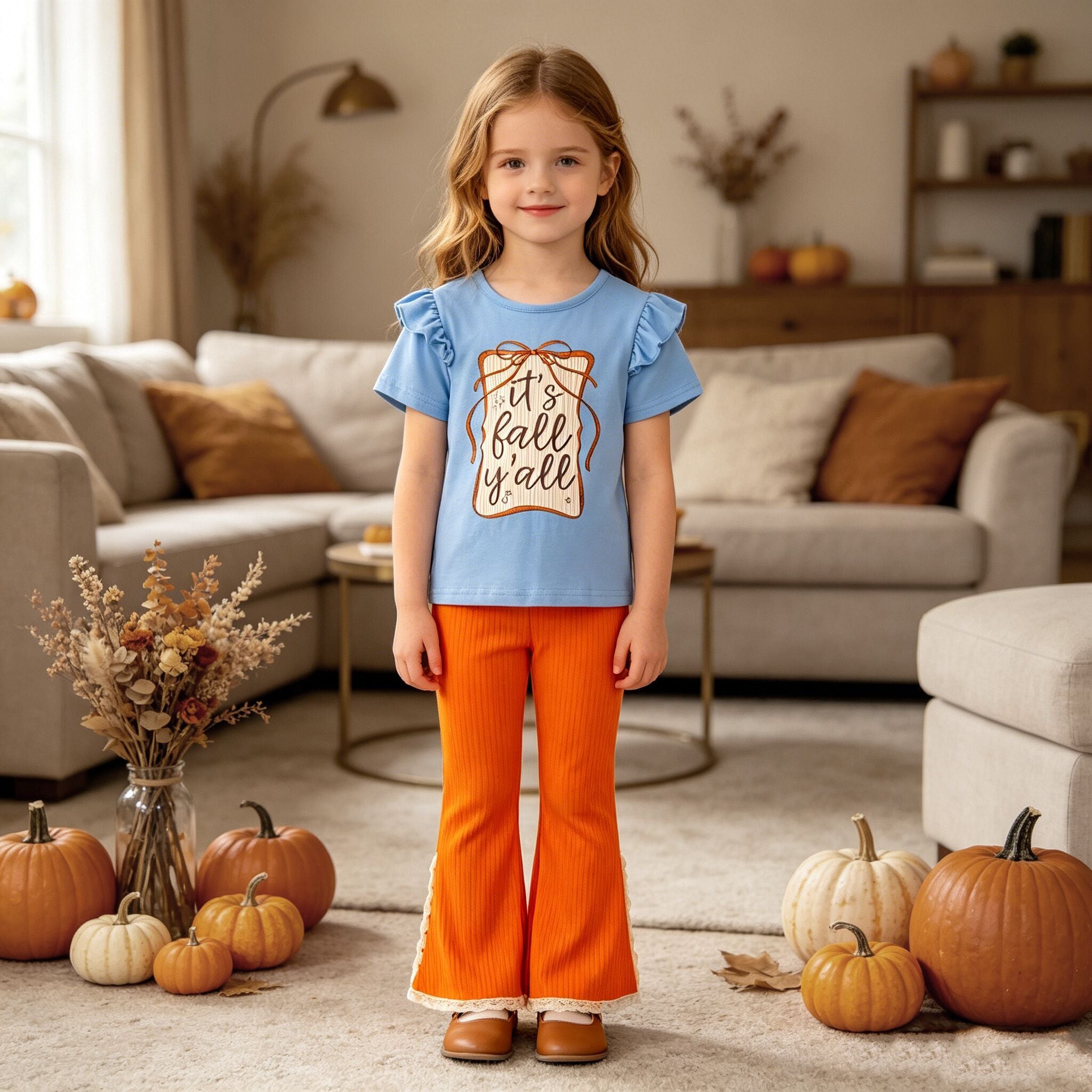 (In Stock)Girls Fall Print Ruffle Outfit Set