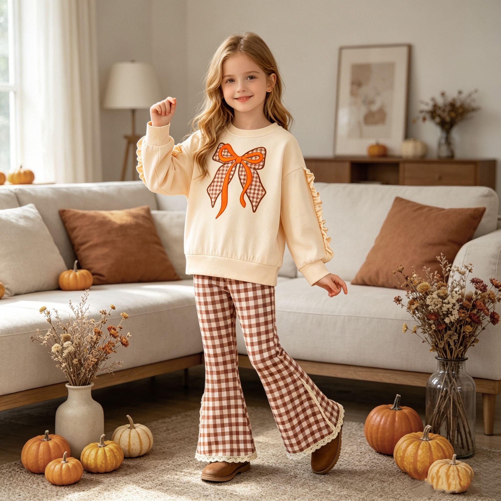 (In Stock)Girls Fall Bow Applique Ruffle Sweatshirt Set