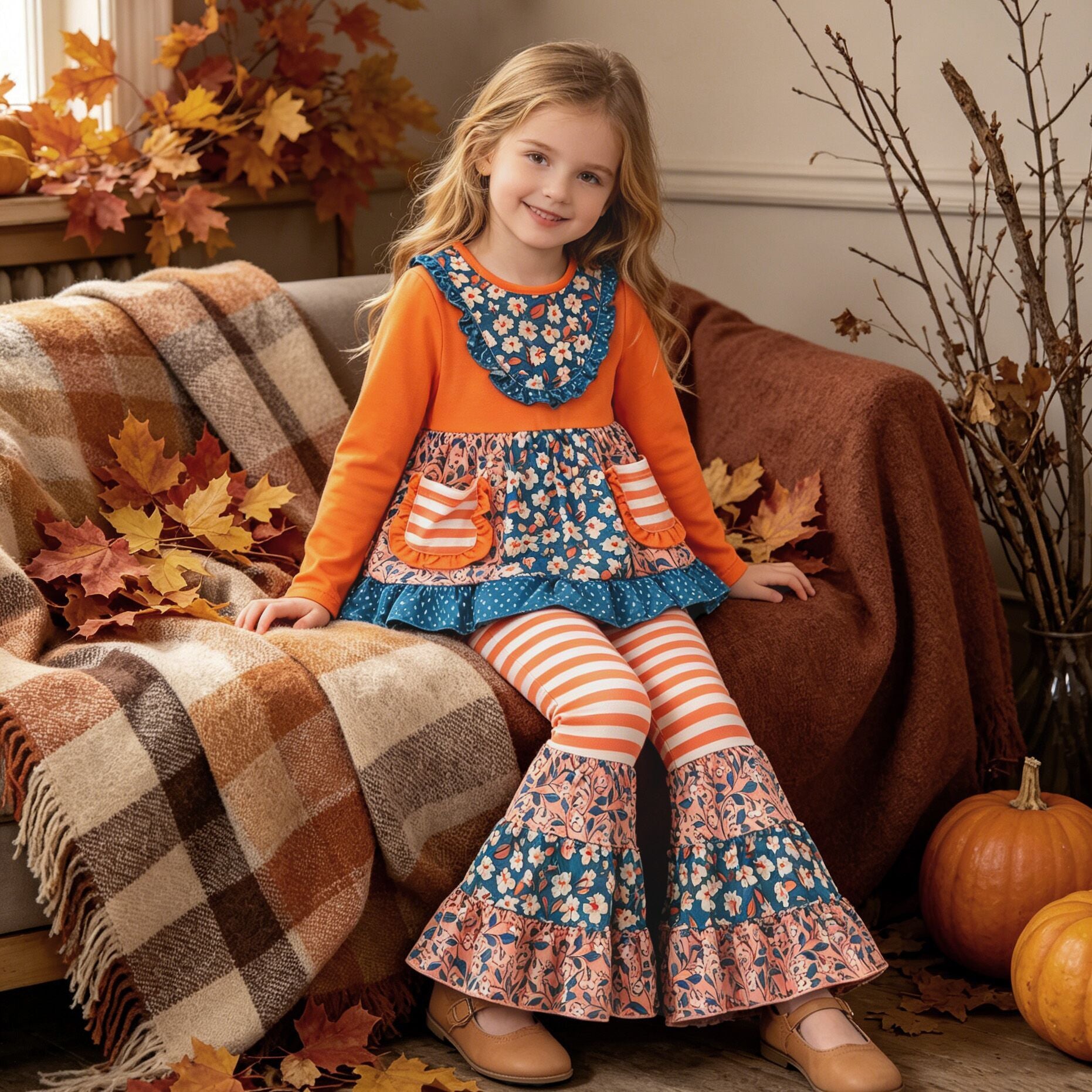 (In Stock)Girls Fall Floral Print Ruffle Outfit Set