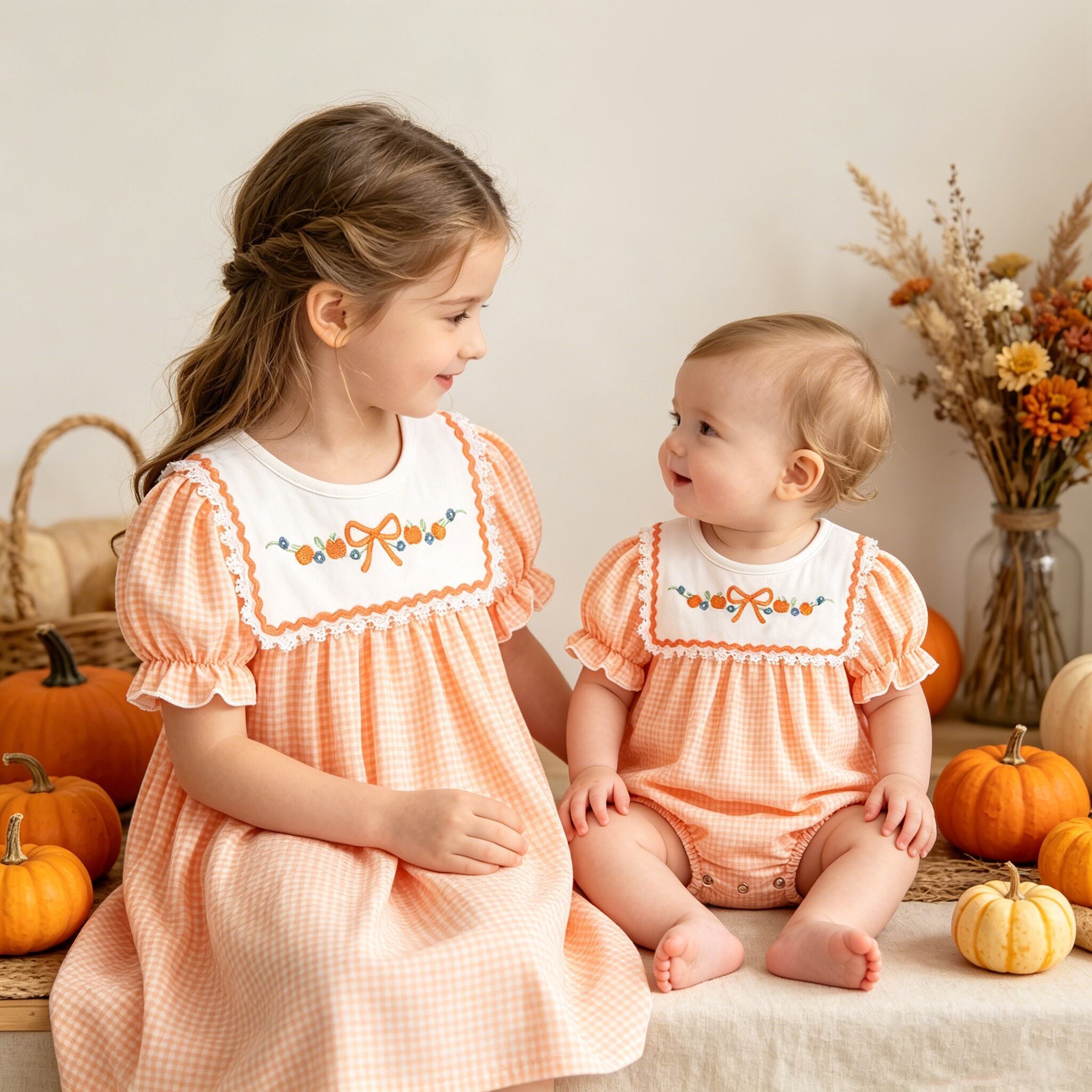 (In Stock)Sisters Fall Pumpkin Embroidery Dress&Romper