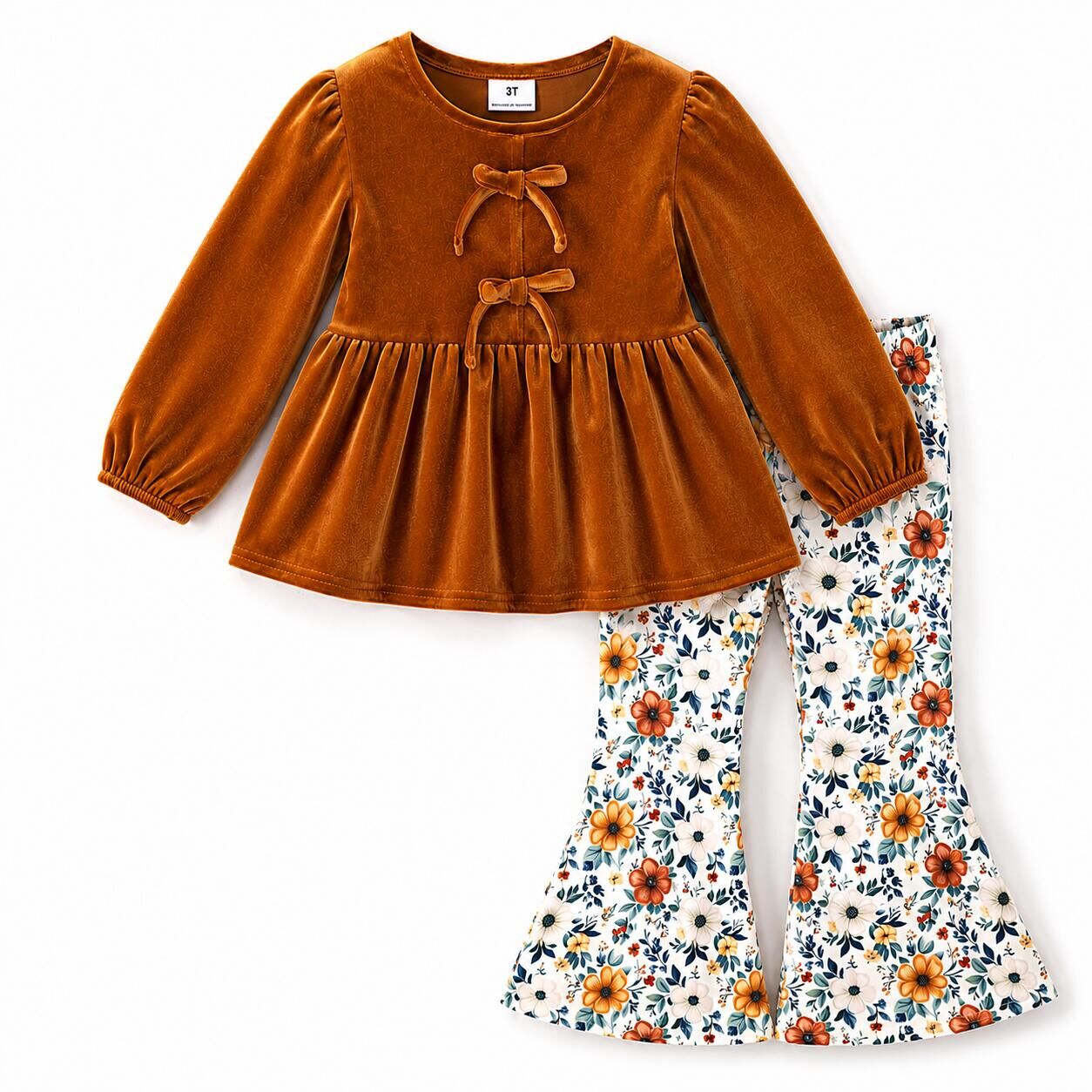 (In Stock)Girls Fall Floral Print Velvet Outfit Set