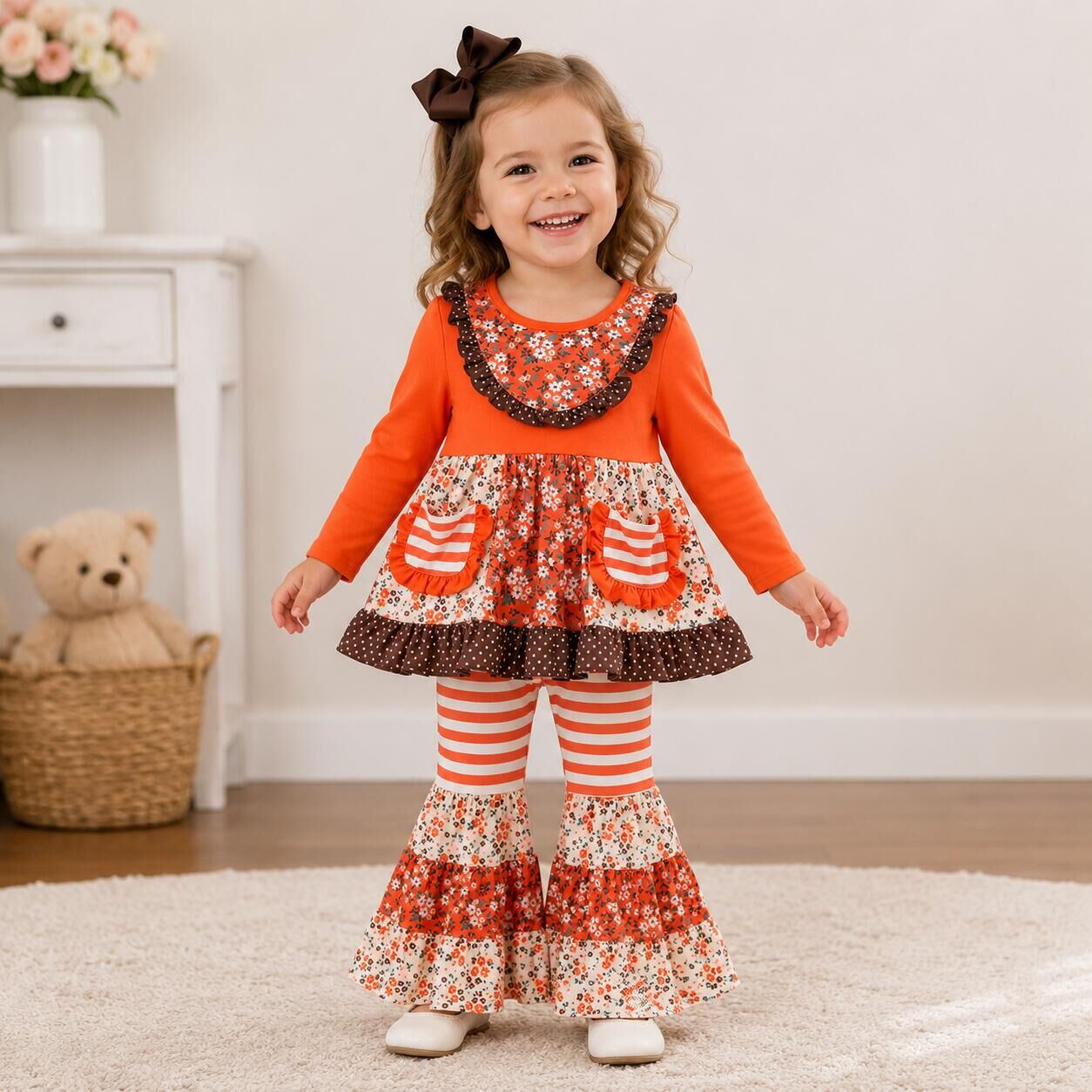 (In Stock)Girls Fall Floral Print Ruffle Outfit Set