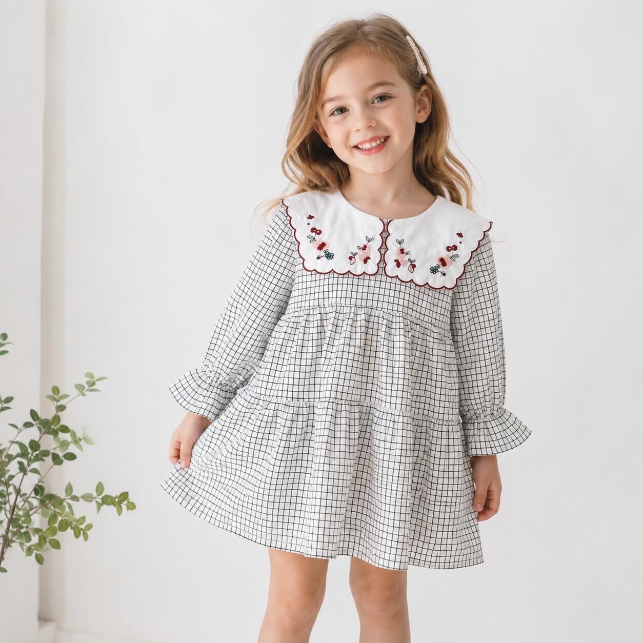 (In Production)Girls Fall Floral Embroidery Scallop Collar Dress
