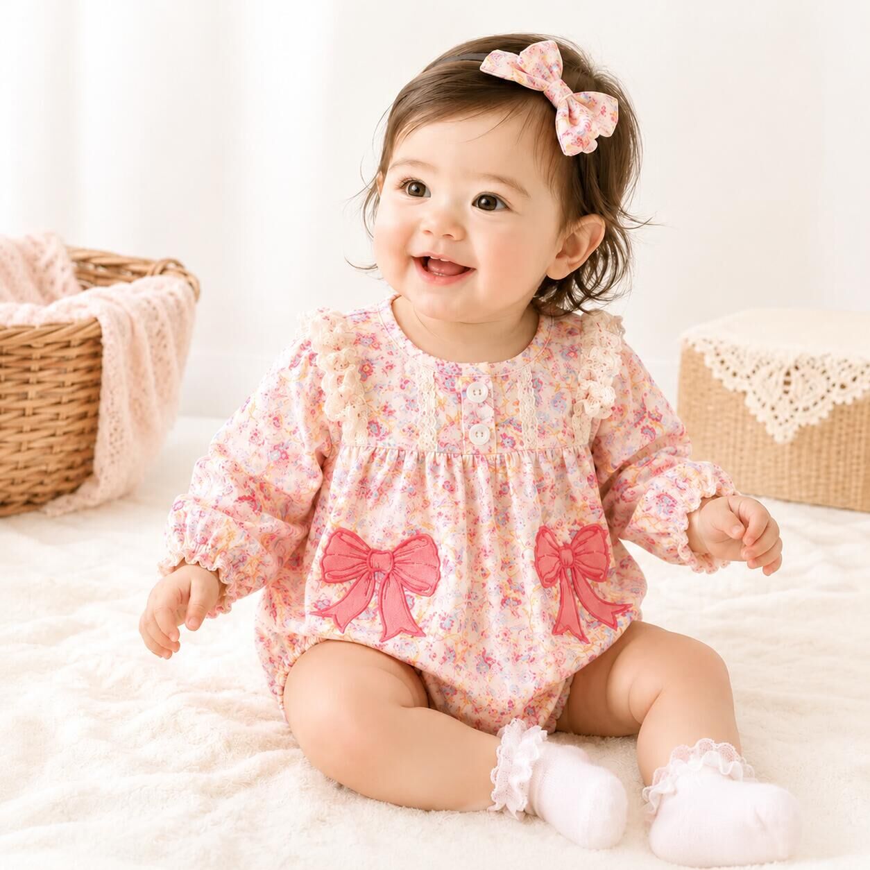 (In Stock)Toddler Girls Fall Bow Applique Romper
