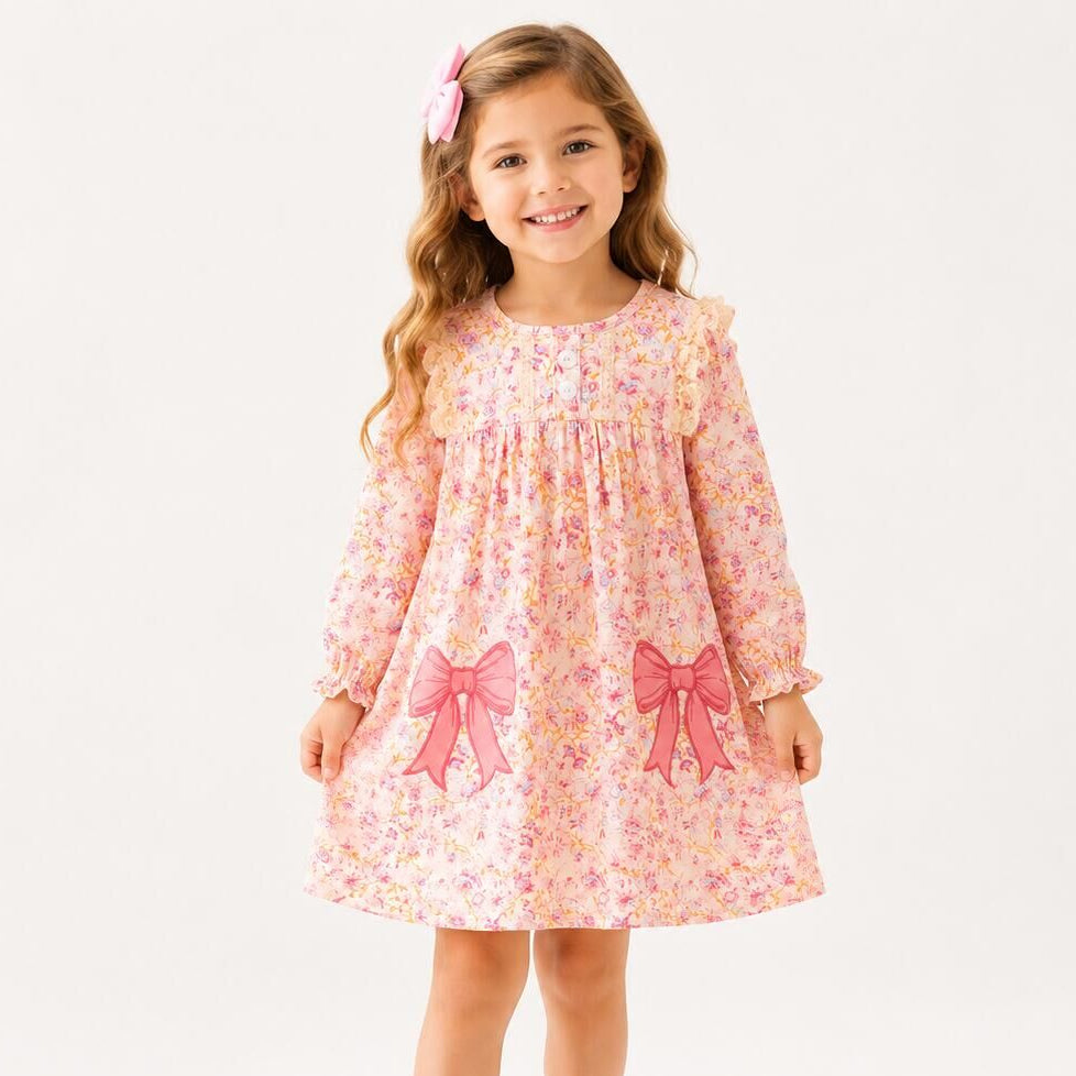(In Stock)Girls Fall Bow Applique Dress