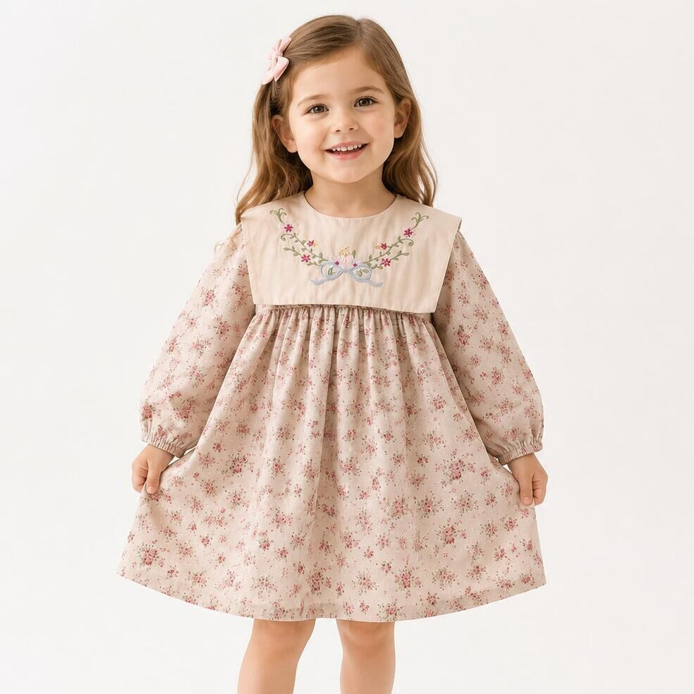 (In Production)Girls Fall Floral Embroidery Dress