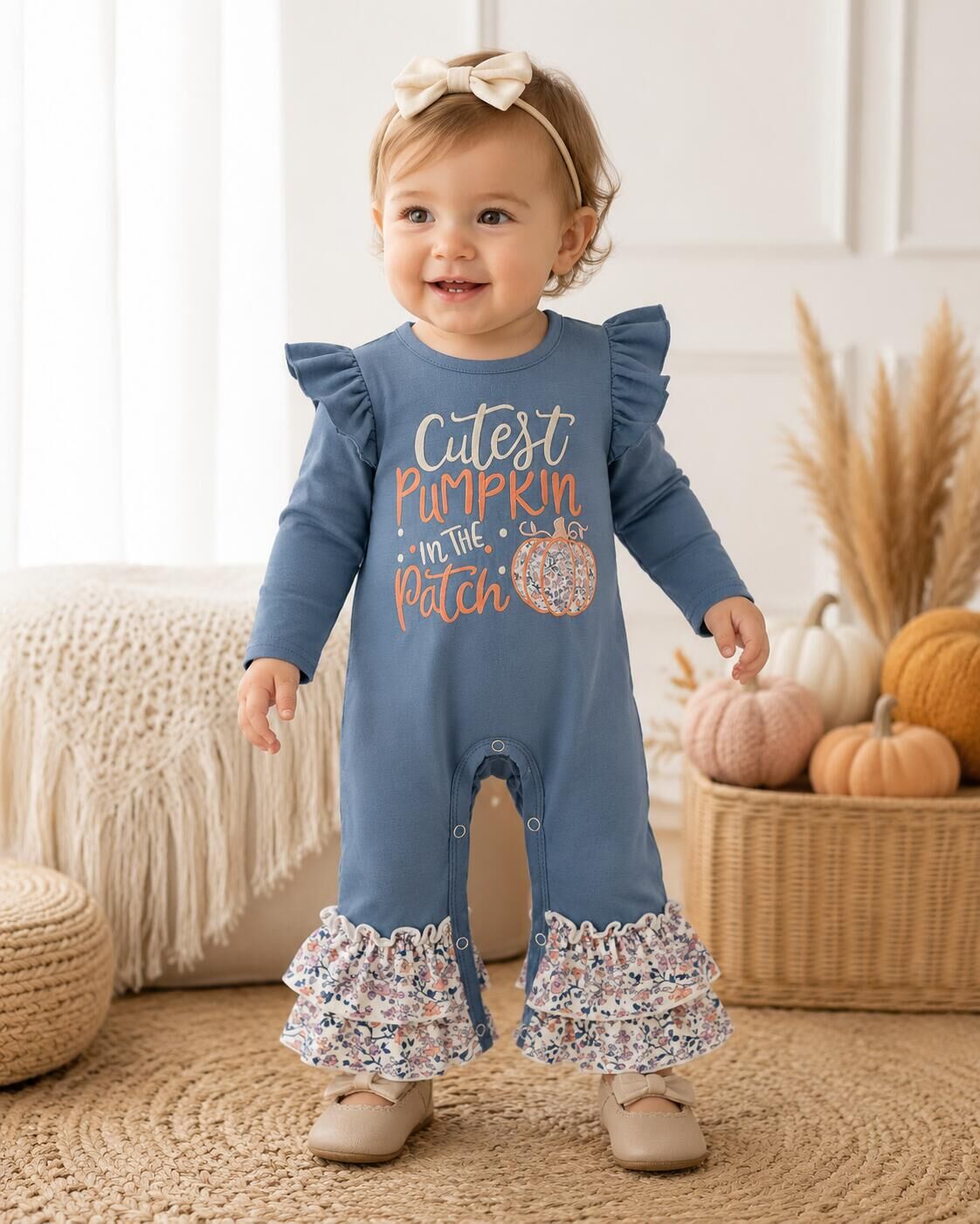 (In Stock)Toddler Girls Fall Pumpkin Embroidery Cotton Romper