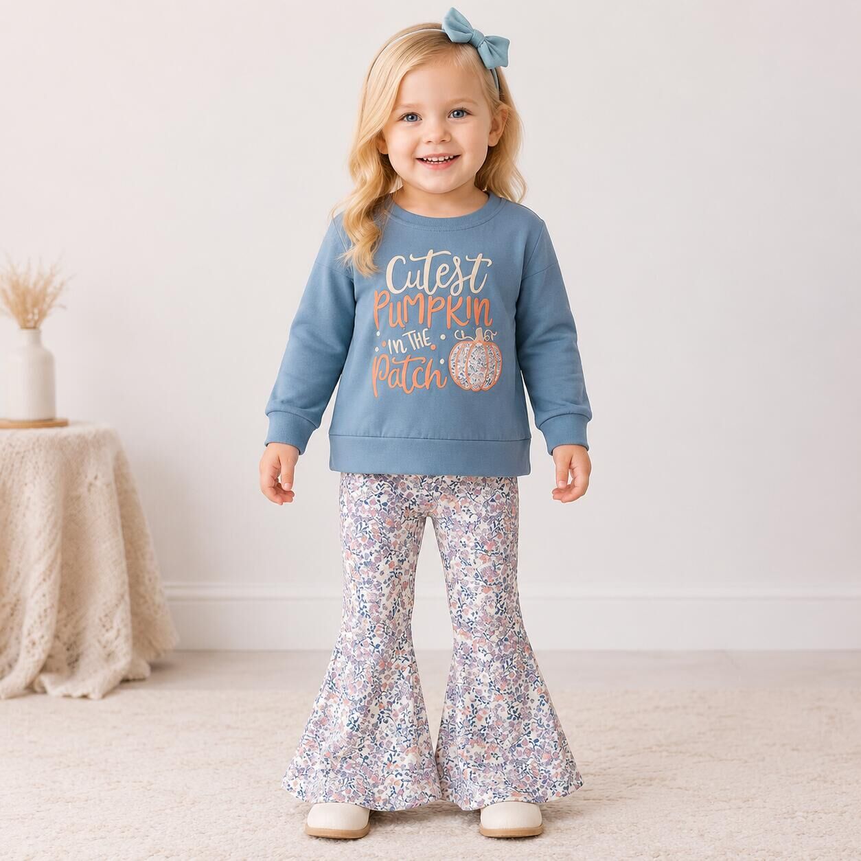 (In Stock)Girls Fall Pumpkin Embroidery Outfit Set