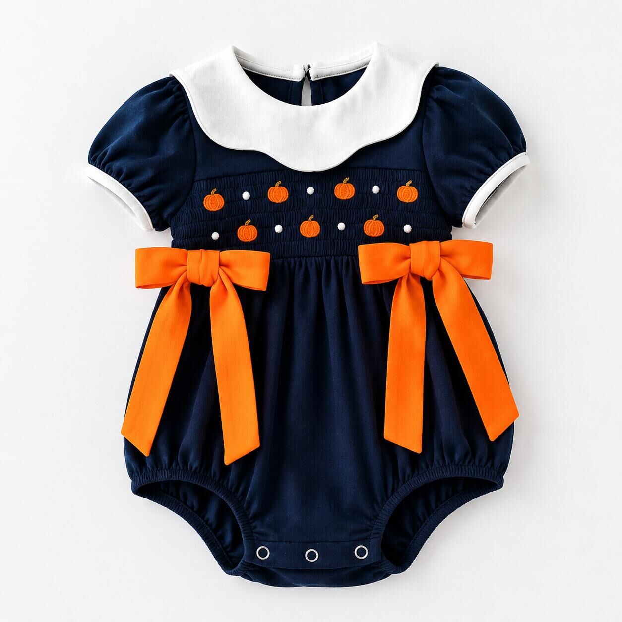 (In Stock)Toddler Girls Fall Pumpkin Embroidery Cotton Smocked Romper