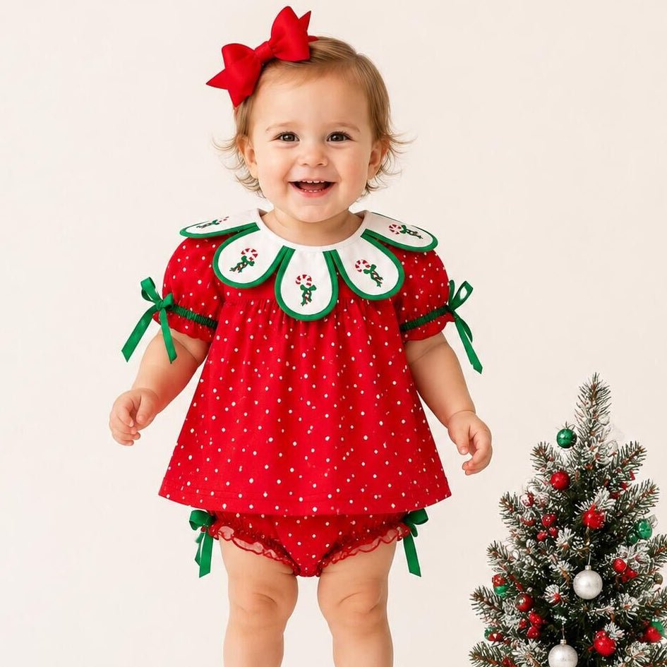 (In Stock)Toddler Girls Christmas Embroidery Petal Collar Bloomer Set