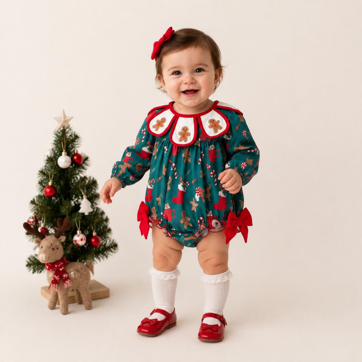 (In Stock)Toddler Girls Christmas Gingerbread Embroidery Petal Collar Romper