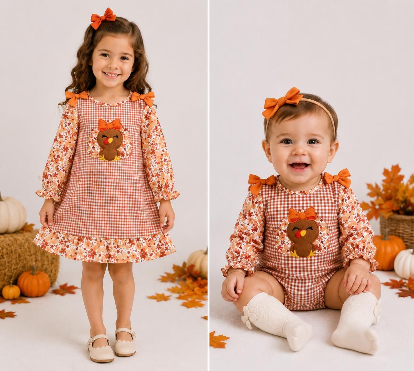 (Weekly Pre-Order)Girls Thanksgiving Turkey Applique Dress&Romper(Ends 8.16)