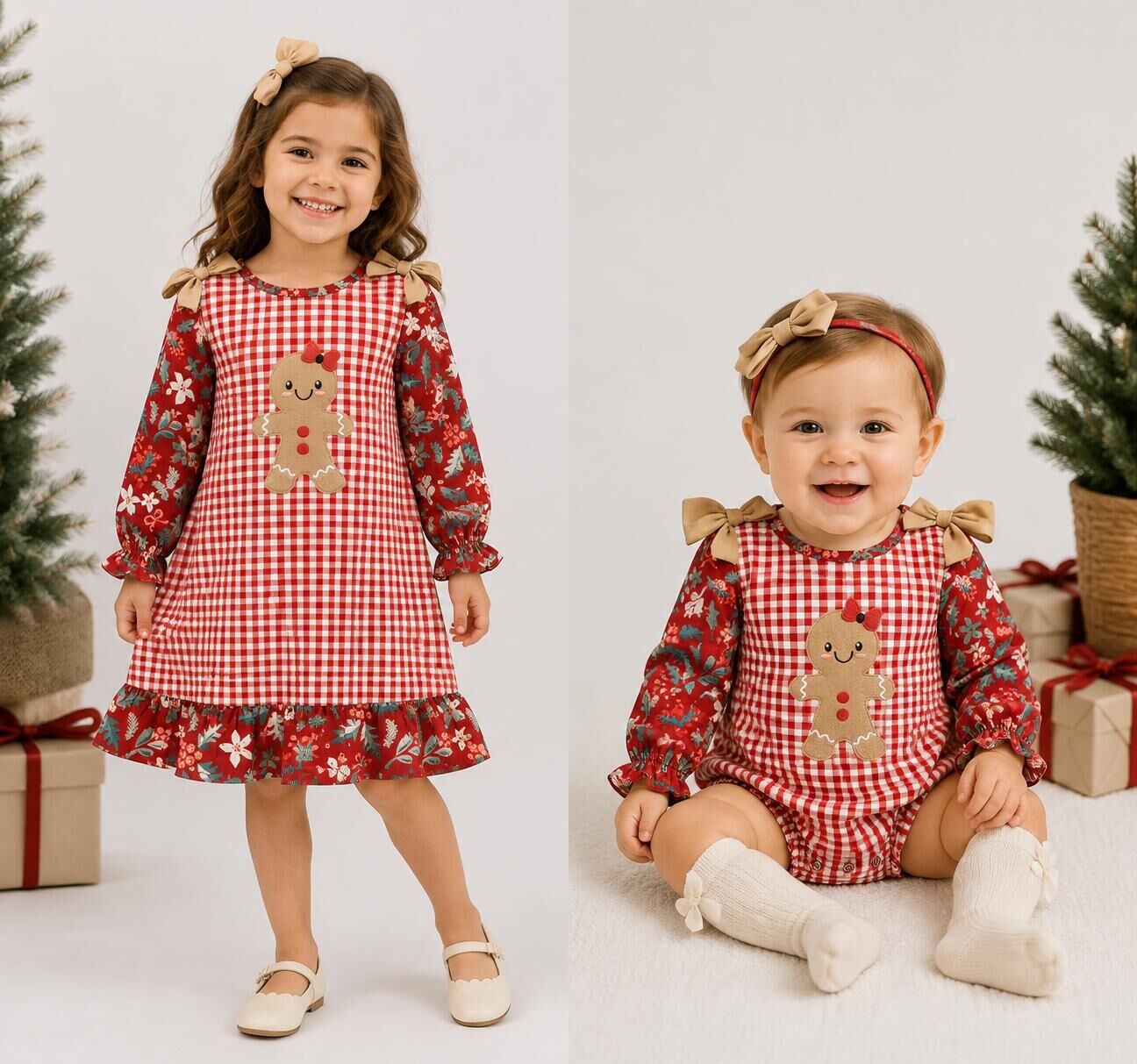 (Weekly Pre-Order)Girls Christmas Gingerbread Applique Dress&Romper(Ends 8.16)